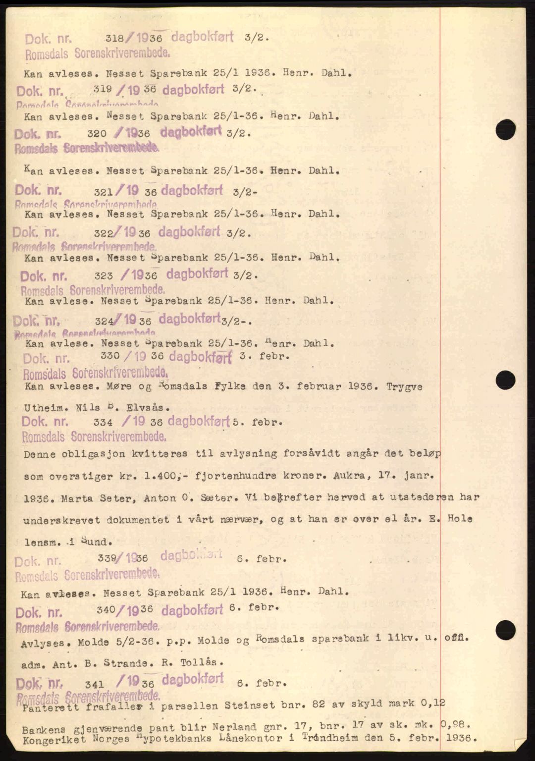 Romsdal sorenskriveri, AV/SAT-A-4149/1/2/2C: Pantebok nr. C1a, 1936-1945, Dagboknr: 318/1936