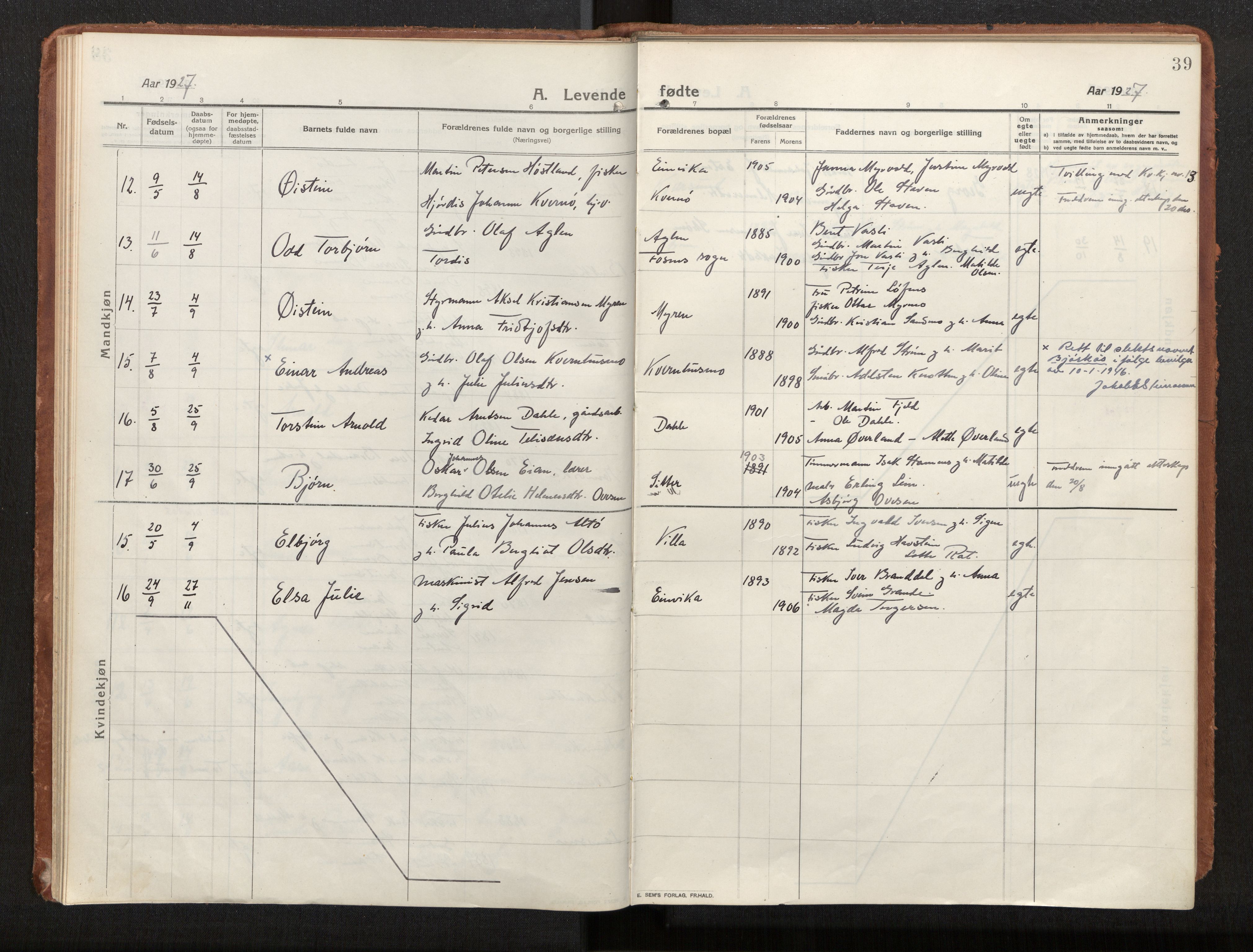 Ministerialprotokoller, klokkerbøker og fødselsregistre - Nord-Trøndelag, SAT/A-1458/772/L0604: Ministerialbok nr. 772A02, 1913-1937, s. 39