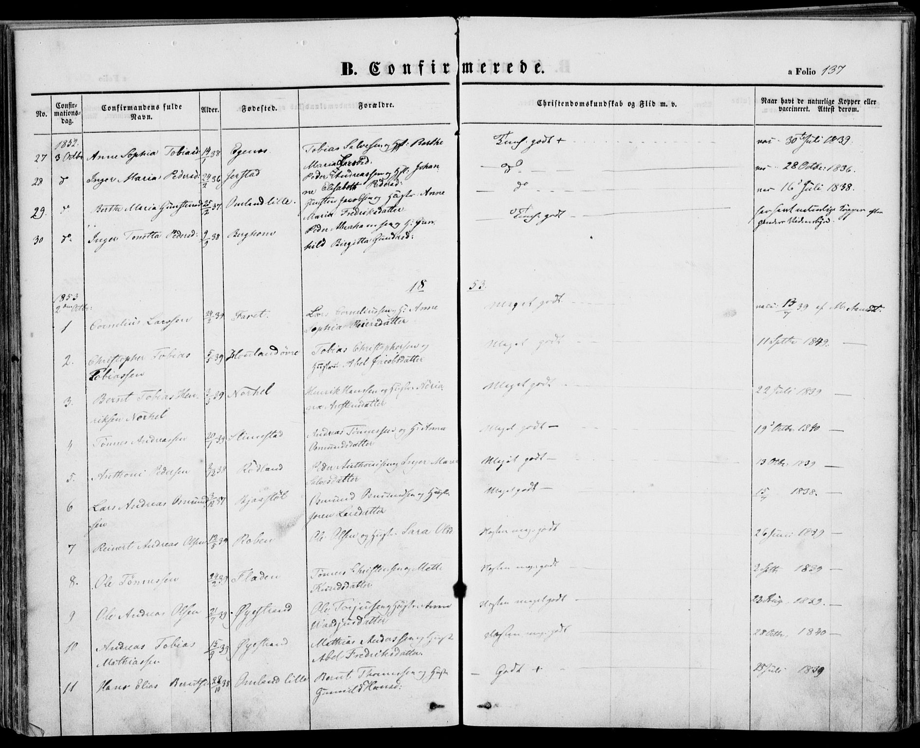 Kvinesdal sokneprestkontor, SAK/1111-0026/F/Fa/Fab/L0005: Ministerialbok nr. A 5, 1844-1857, s. 137