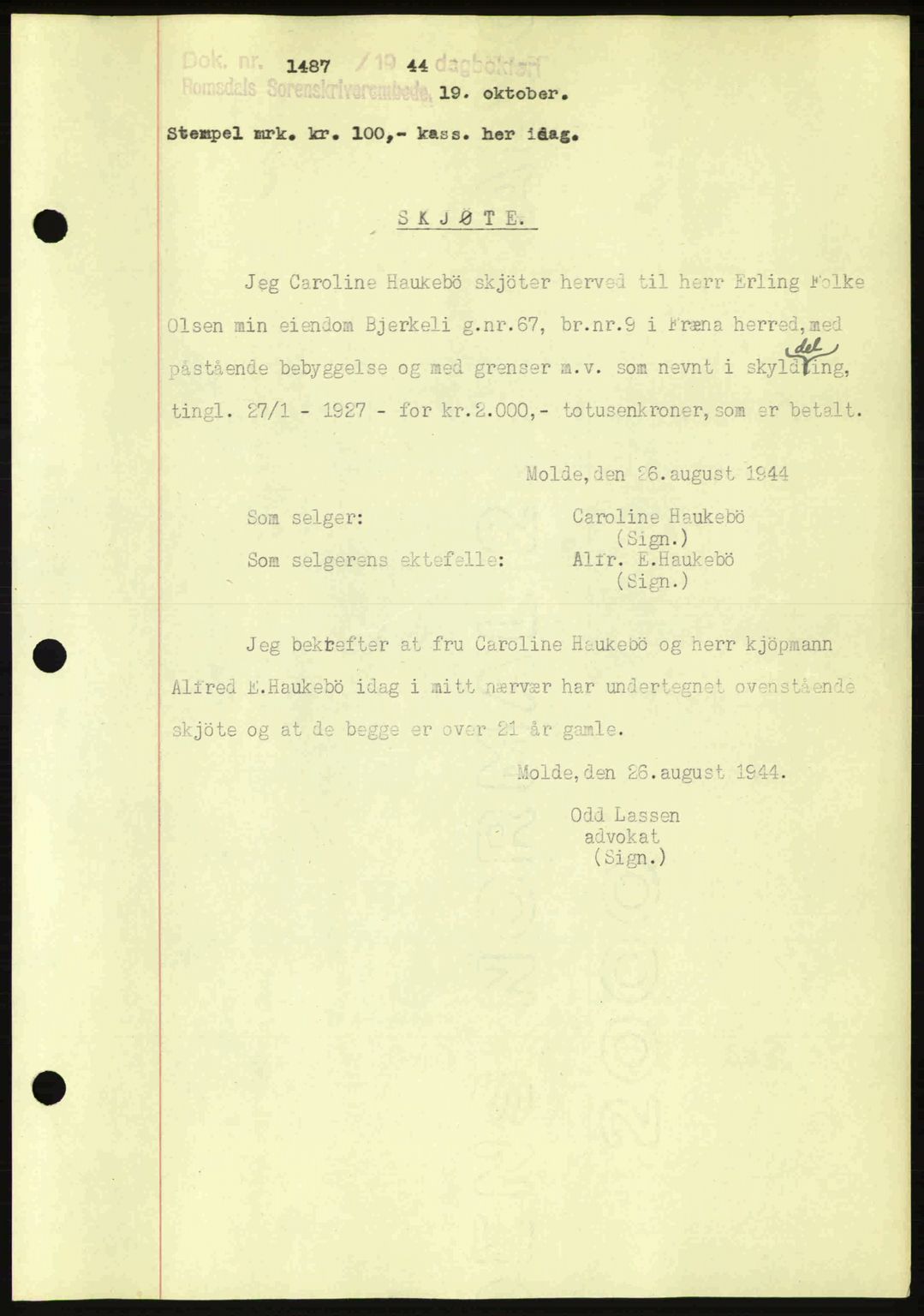 Romsdal sorenskriveri, SAT/A-4149/1/2/2C: Pantebok nr. A17, 1944-1945, Dagboknr: 1487/1944