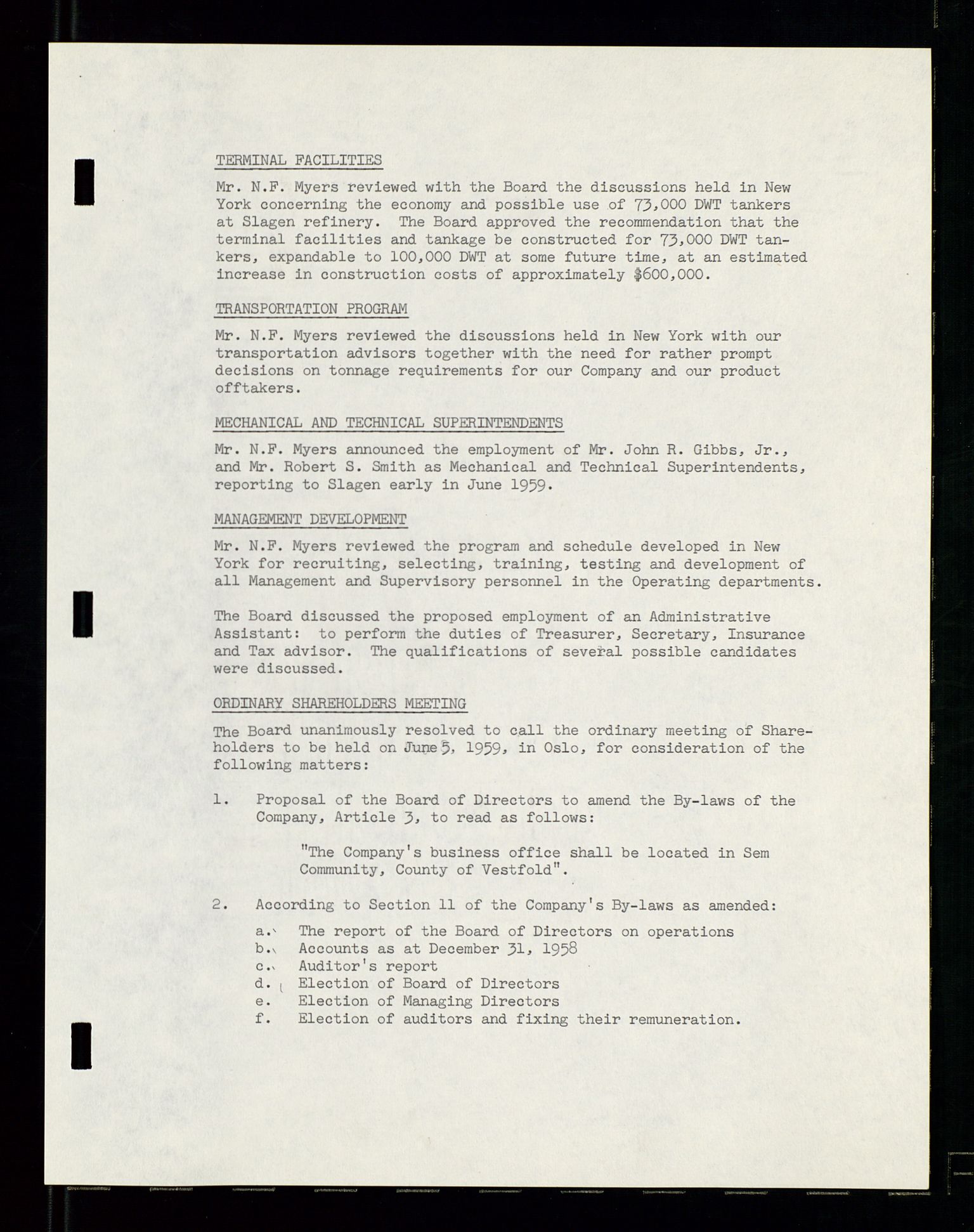 PA 1537 - A/S Essoraffineriet Norge, AV/SAST-A-101957/A/Aa/L0001/0002: Styremøter / Shareholder meetings, board meetings, by laws (vedtekter), 1957-1960, s. 151