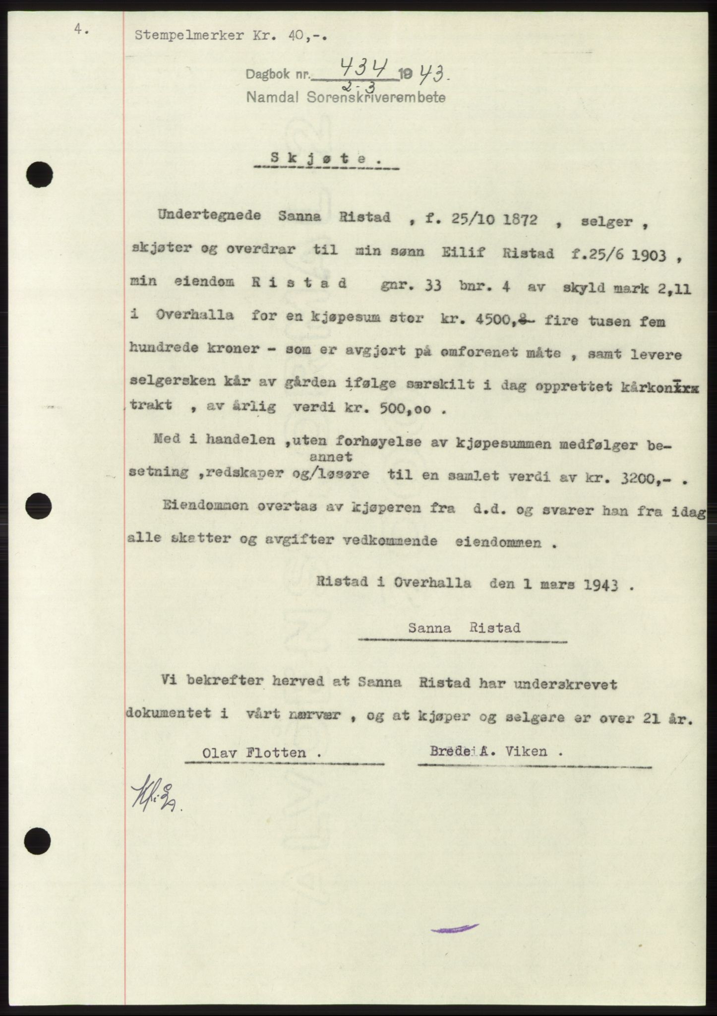 Namdal sorenskriveri, SAT/A-4133/1/2/2C: Pantebok nr. -, 1942-1943, Dagboknr: 434/1943