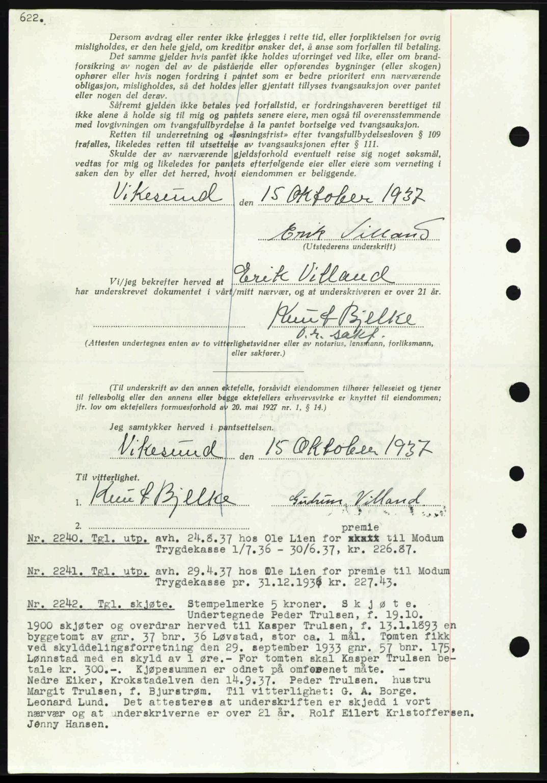 Eiker, Modum og Sigdal sorenskriveri, SAKO/A-123/G/Ga/Gab/L0036: Pantebok nr. A6, 1937-1937, Dagboknr: 2240/1937