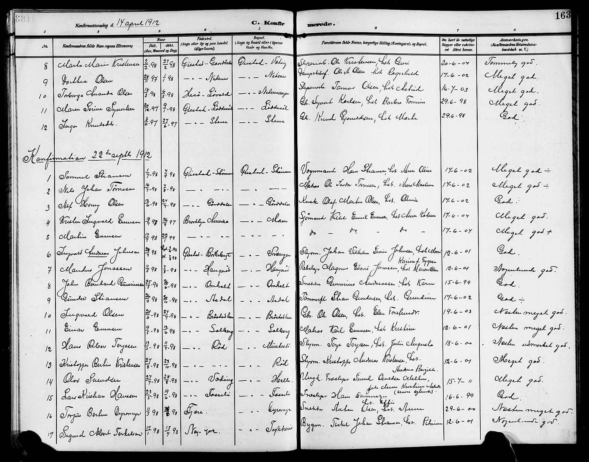 Øyestad sokneprestkontor, AV/SAK-1111-0049/F/Fb/L0011: Klokkerbok nr. B 11, 1906-1918, s. 163