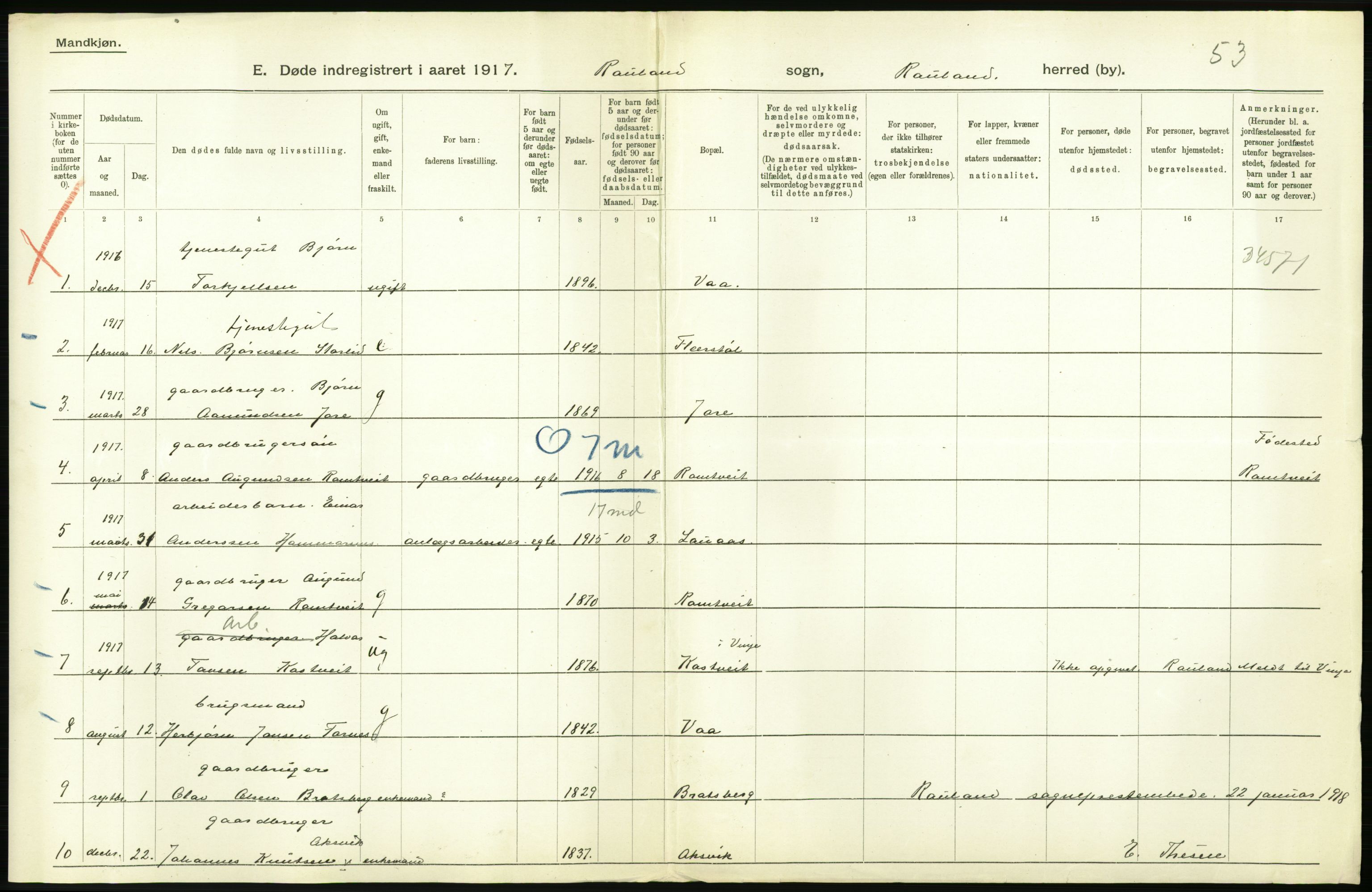 Statistisk sentralbyrå, Sosiodemografiske emner, Befolkning, RA/S-2228/D/Df/Dfb/Dfbg/L0026: Bratsberg amt: Døde, dødfødte. Bygder og byer., 1917, s. 178