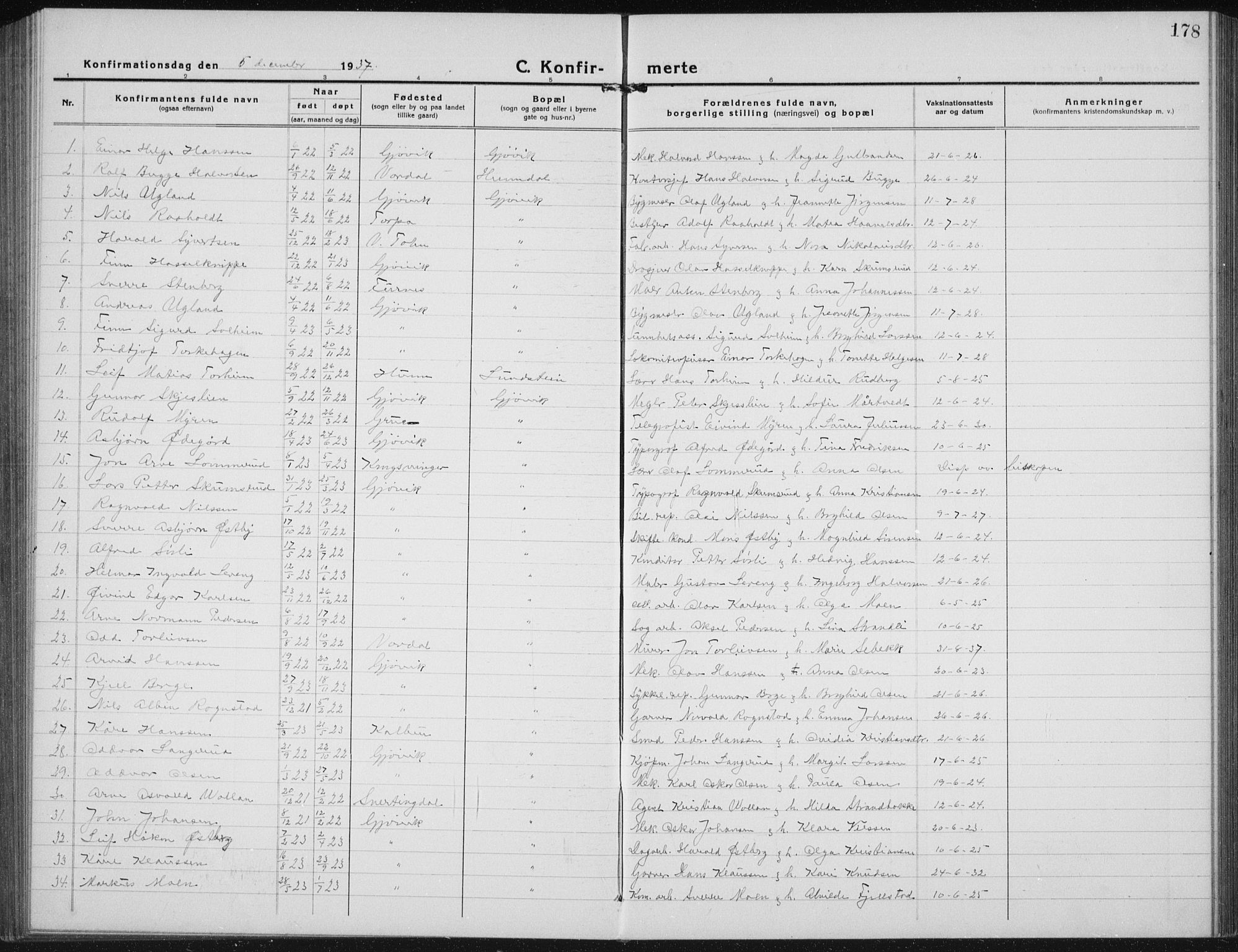 Vardal prestekontor, AV/SAH-PREST-100/H/Ha/Hab/L0017: Klokkerbok nr. 17, 1922-1941, s. 178
