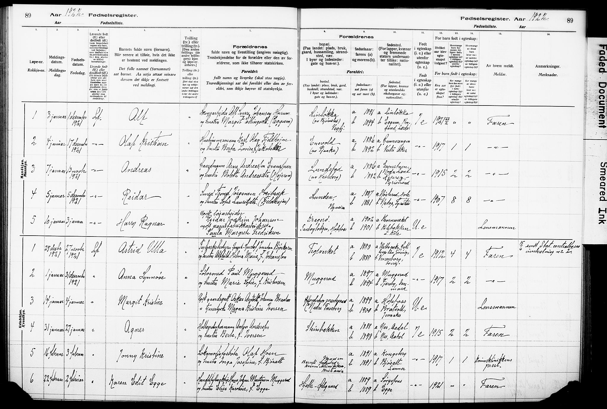 Norderhov kirkebøker, AV/SAKO-A-237/J/Ja/L0001: Fødselsregister nr. 1, 1916-1930, s. 89