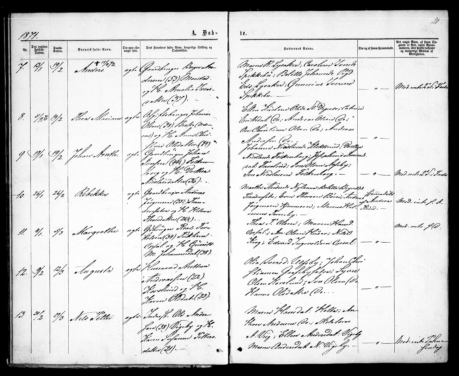 Rødenes prestekontor Kirkebøker, AV/SAO-A-2005/F/Fa/L0008: Ministerialbok nr. I 8, 1869-1879, s. 21