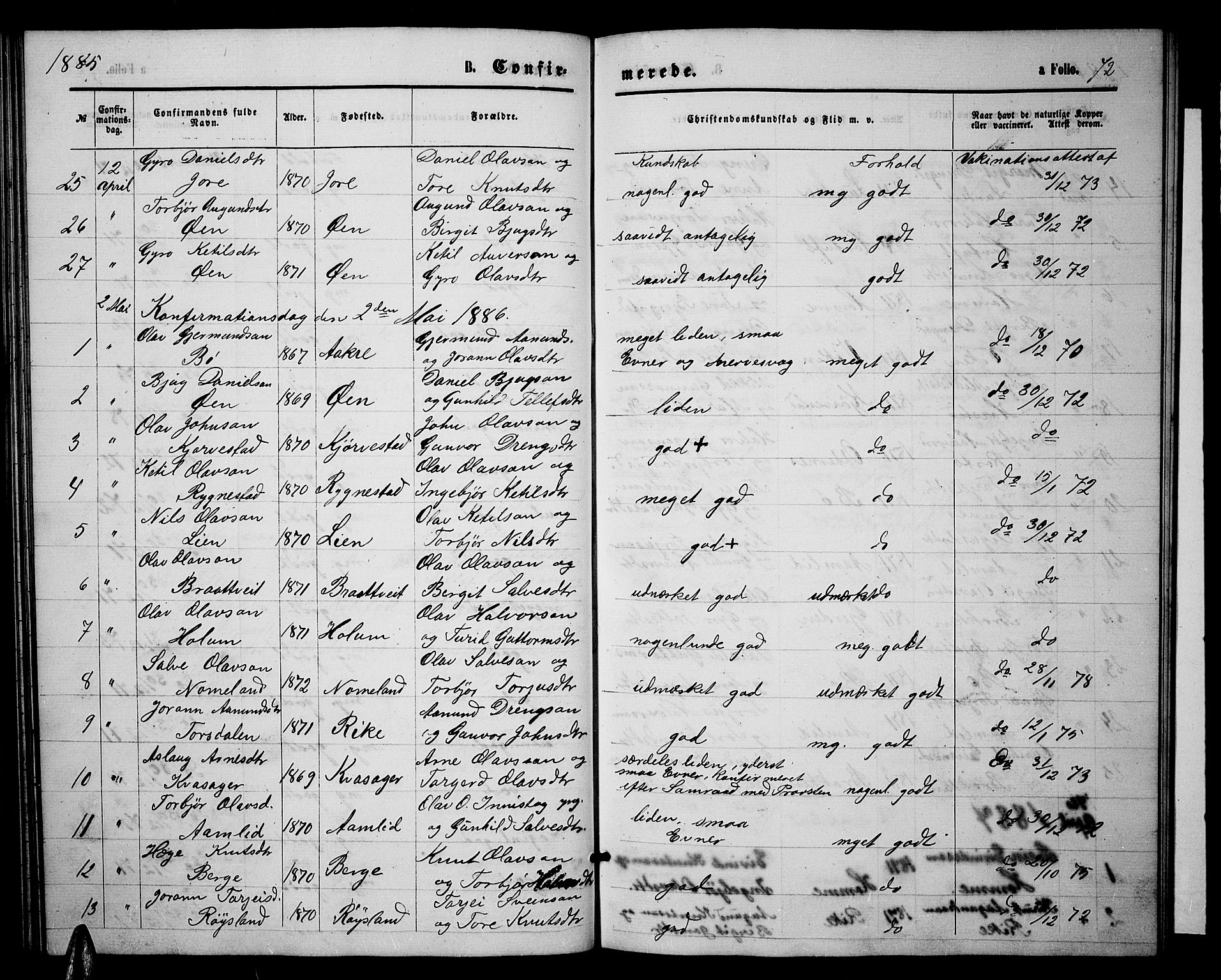 Valle sokneprestkontor, AV/SAK-1111-0044/F/Fb/Fbc/L0003: Klokkerbok nr. B 3, 1871-1890, s. 72