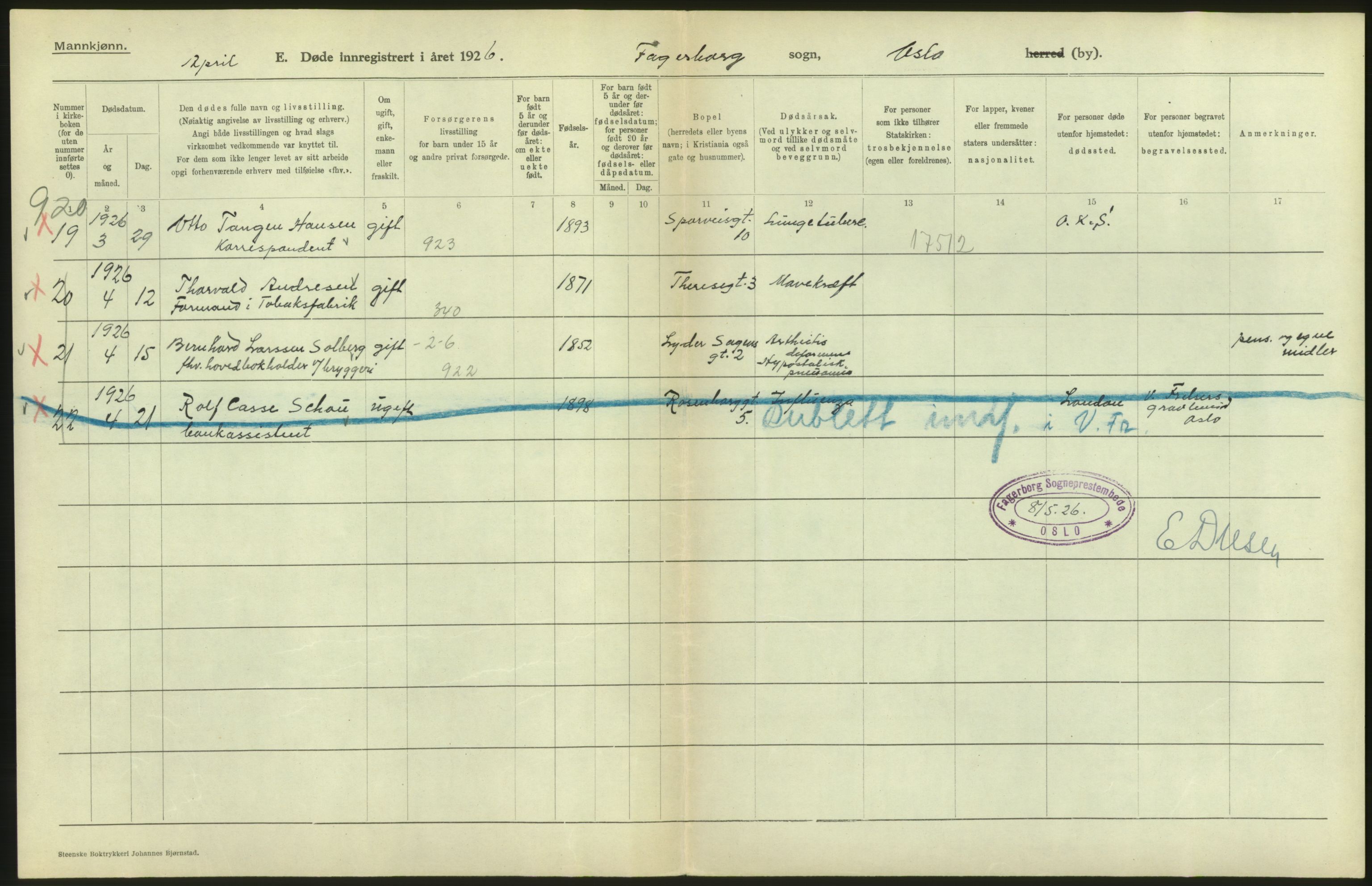 Statistisk sentralbyrå, Sosiodemografiske emner, Befolkning, AV/RA-S-2228/D/Df/Dfc/Dfcf/L0009: Oslo: Døde menn, 1926, s. 8