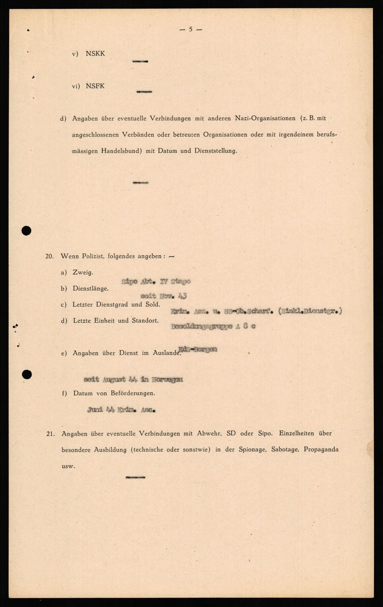Forsvaret, Forsvarets overkommando II, RA/RAFA-3915/D/Db/L0028: CI Questionaires. Tyske okkupasjonsstyrker i Norge. Tyskere., 1945-1946, s. 264