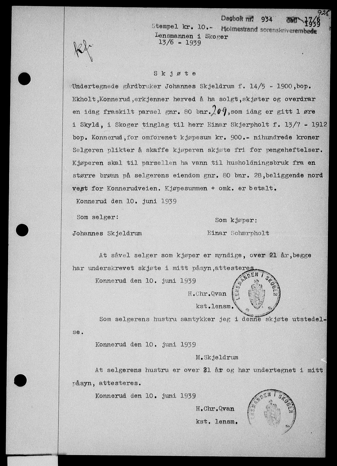 Holmestrand sorenskriveri, SAKO/A-67/G/Ga/Gaa/L0050: Pantebok nr. A-50, 1938-1939, Dagboknr: 934/1939
