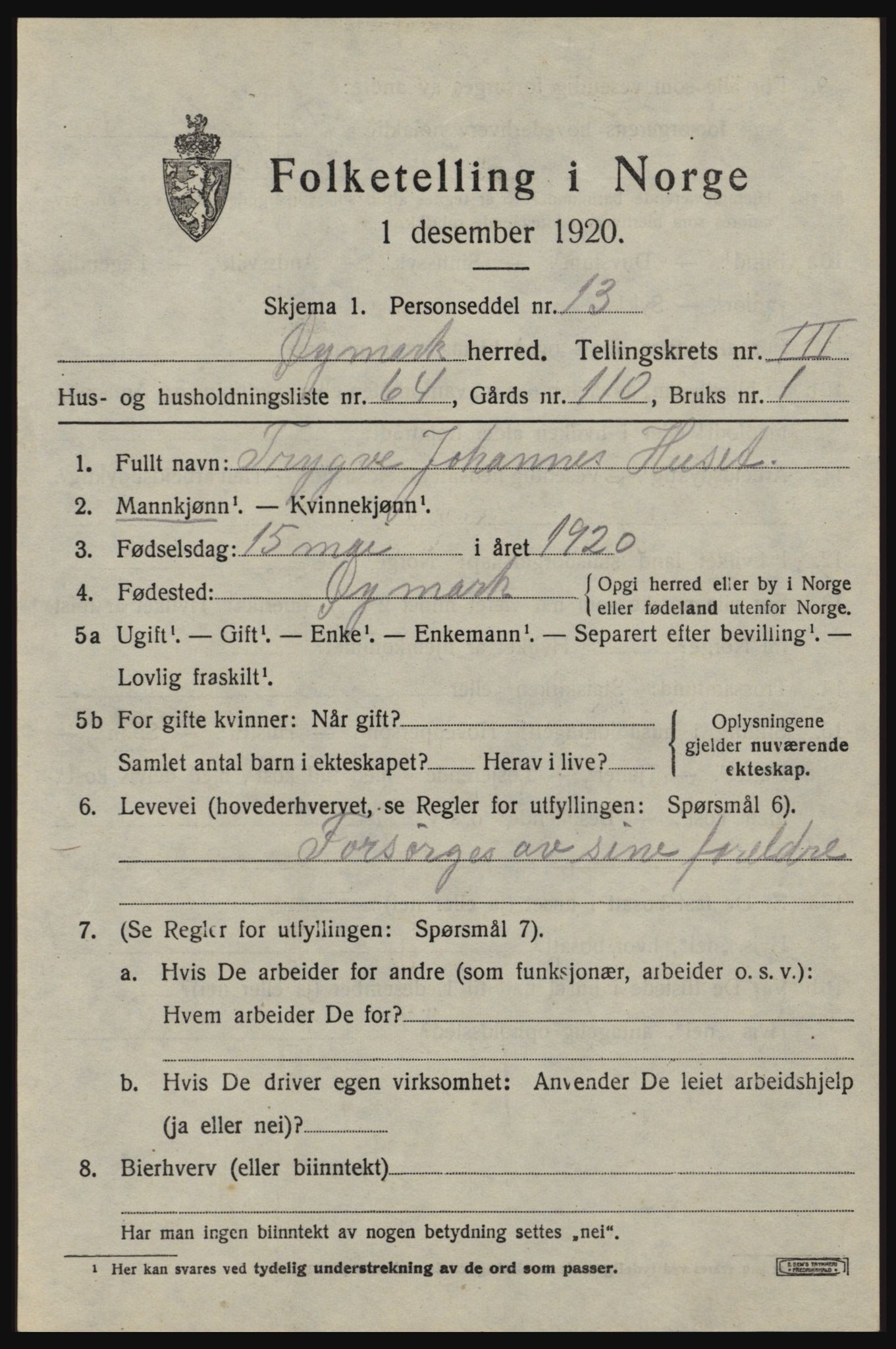 SAO, Folketelling 1920 for 0119 Øymark herred, 1920, s. 3125