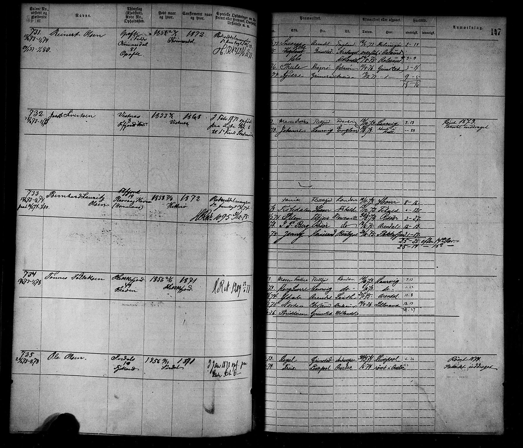 Flekkefjord mønstringskrets, AV/SAK-2031-0018/F/Fa/L0002: Annotasjonsrulle nr 1-1920 med register, N-2, 1870-1891, s. 171