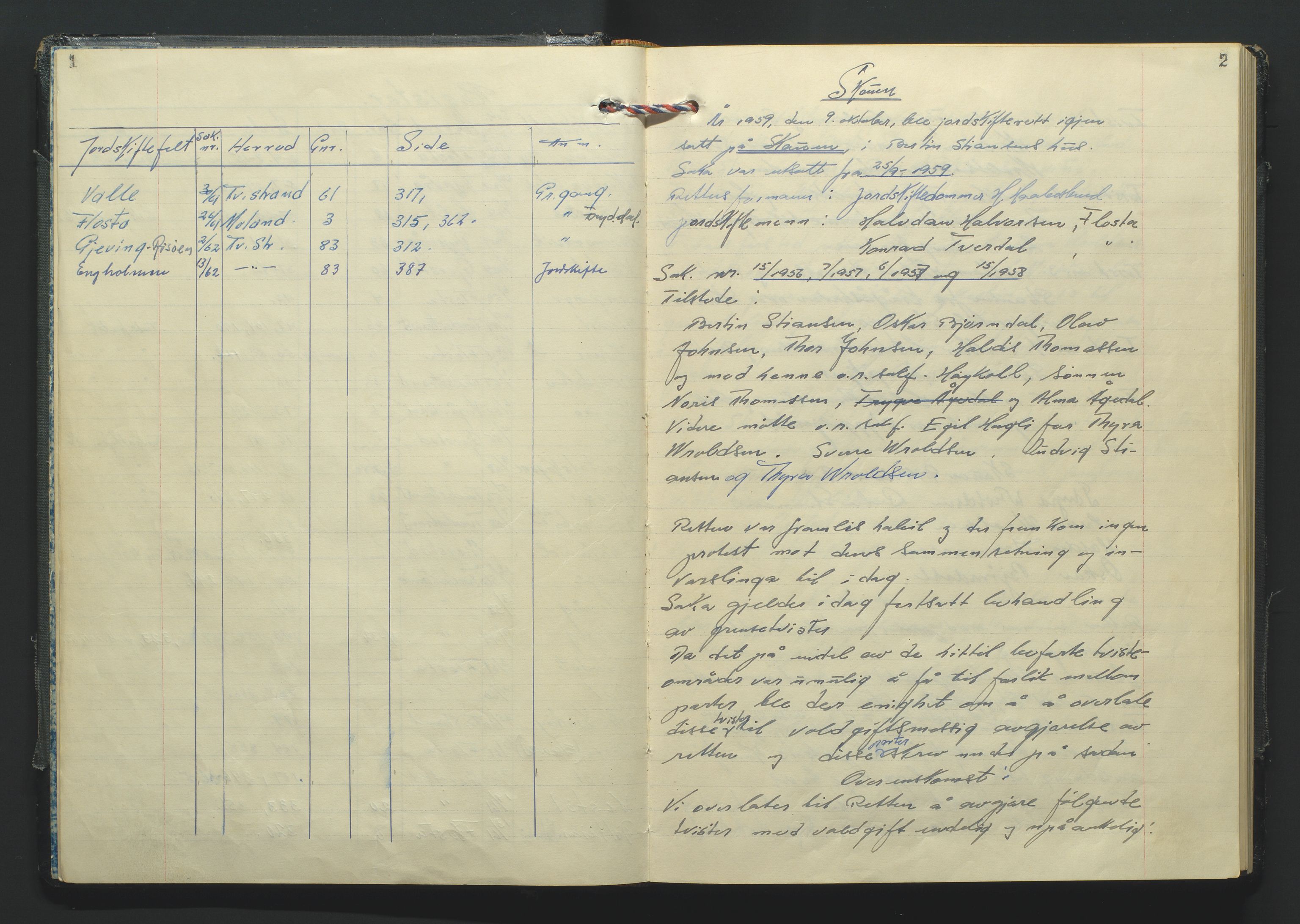 Nedenes jordskifterett, SAK/1541-0007/F/Fa/Faa/L0005: Jordskifteprotokoll med gårdsregister, Holt domssokn nr 19, 1959-1964, s. 1-2