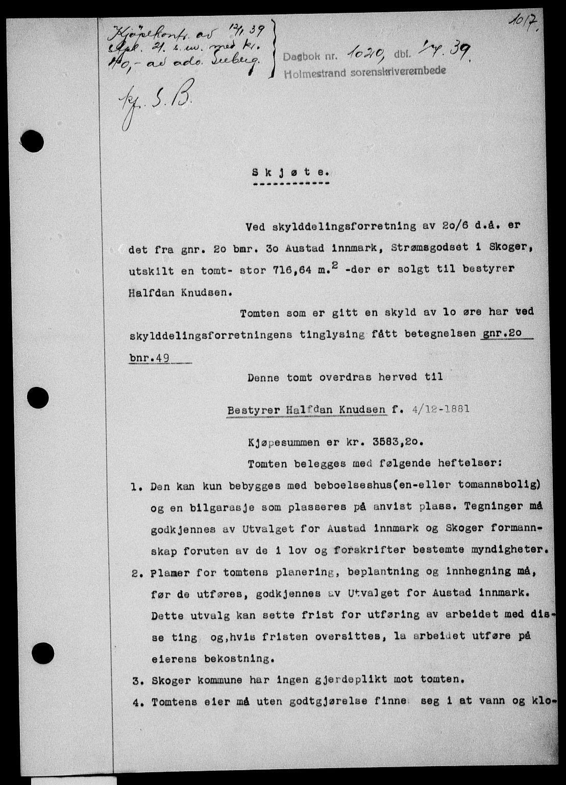 Holmestrand sorenskriveri, SAKO/A-67/G/Ga/Gaa/L0050: Pantebok nr. A-50, 1938-1939, Dagboknr: 1020/1939
