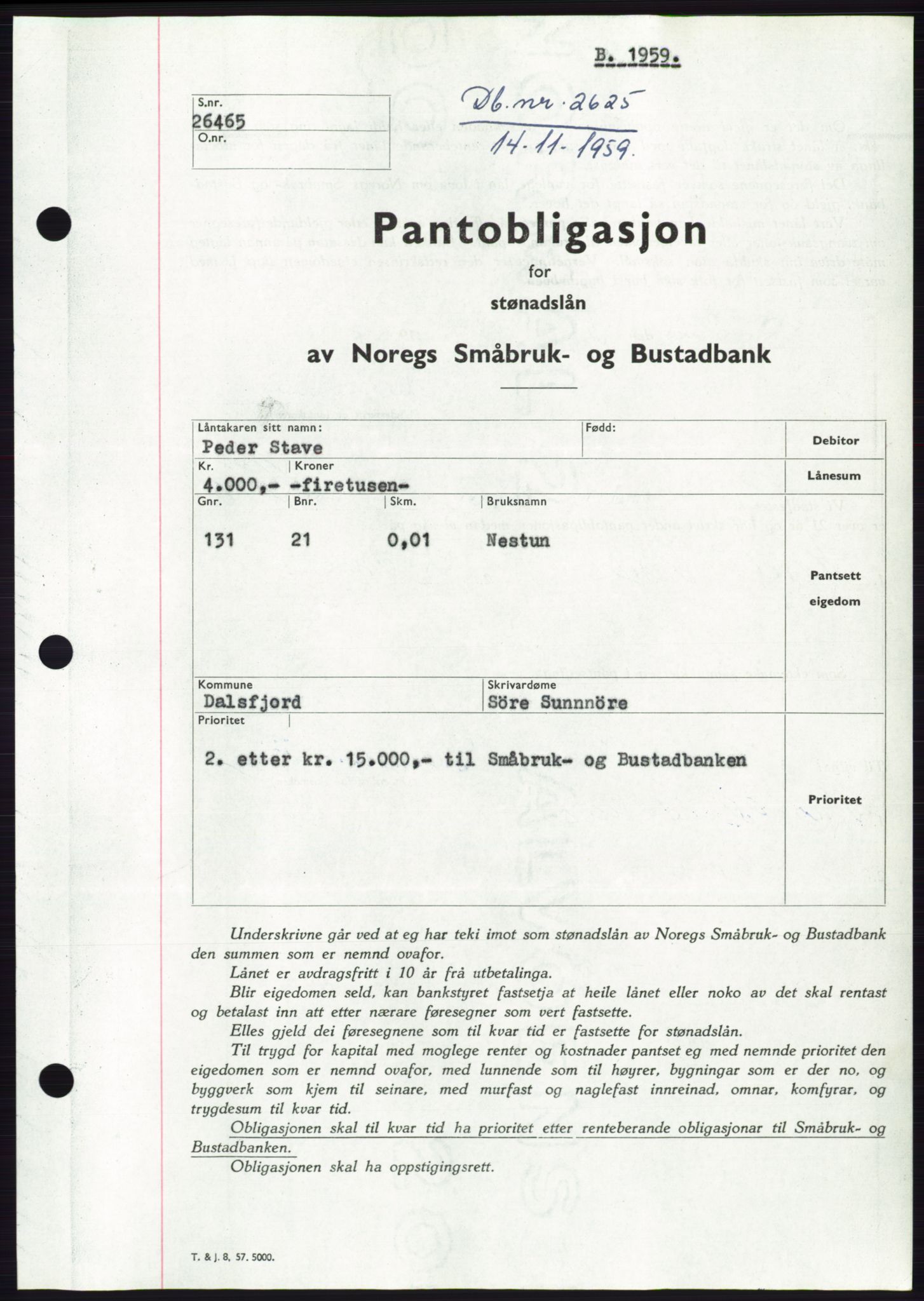 Søre Sunnmøre sorenskriveri, SAT/A-4122/1/2/2C/L0133: Pantebok nr. 21B, 1959-1959, Dagboknr: 2625/1959