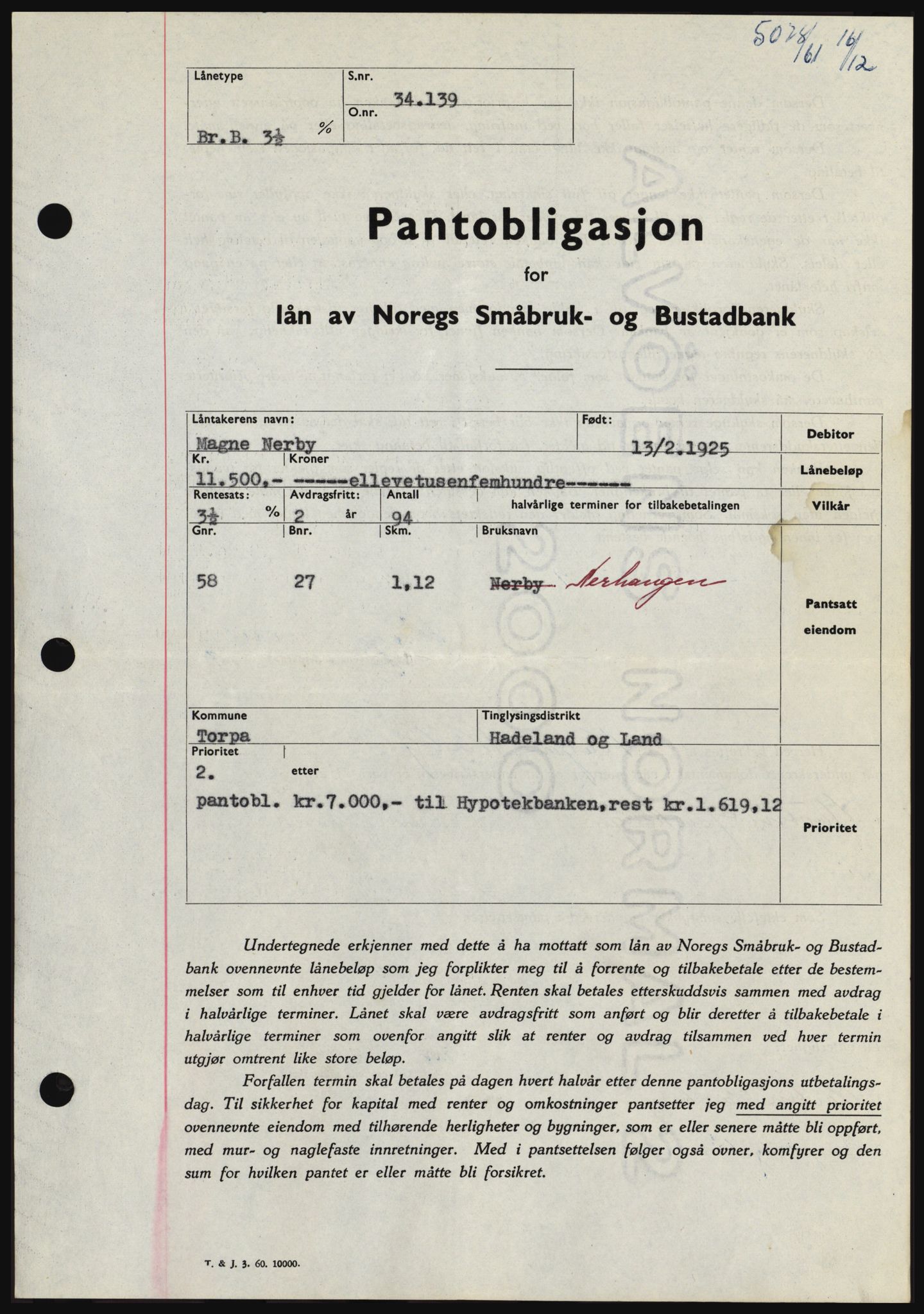 Hadeland og Land tingrett, SAH/TING-010/H/Hb/Hbc/L0047: Pantebok nr. B47, 1961-1962, Dagboknr: 5078/1961