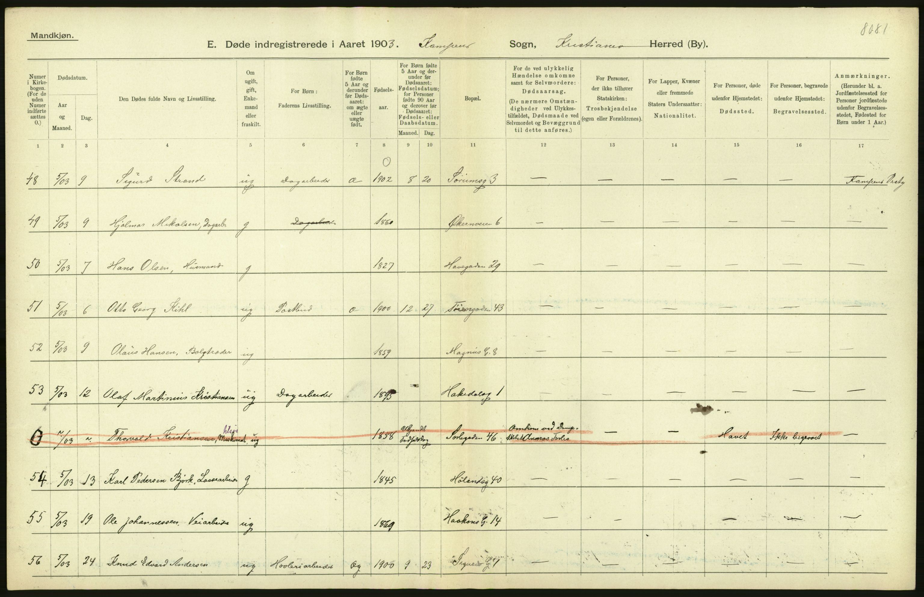 Statistisk sentralbyrå, Sosiodemografiske emner, Befolkning, AV/RA-S-2228/D/Df/Dfa/Dfaa/L0004: Kristiania: Gifte, døde, 1903, s. 250