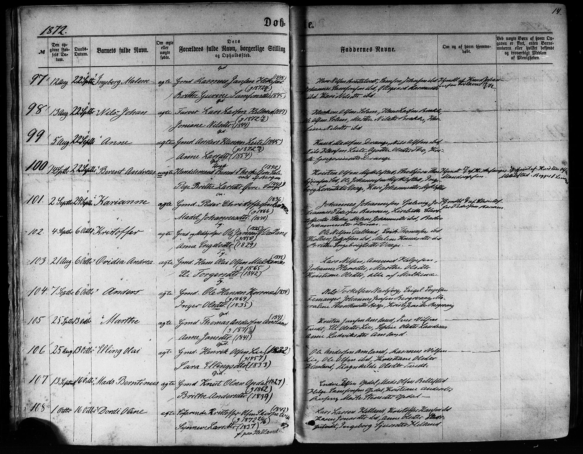 Tysnes sokneprestembete, AV/SAB-A-78601/H/Haa: Ministerialbok nr. A 12, 1872-1886, s. 14