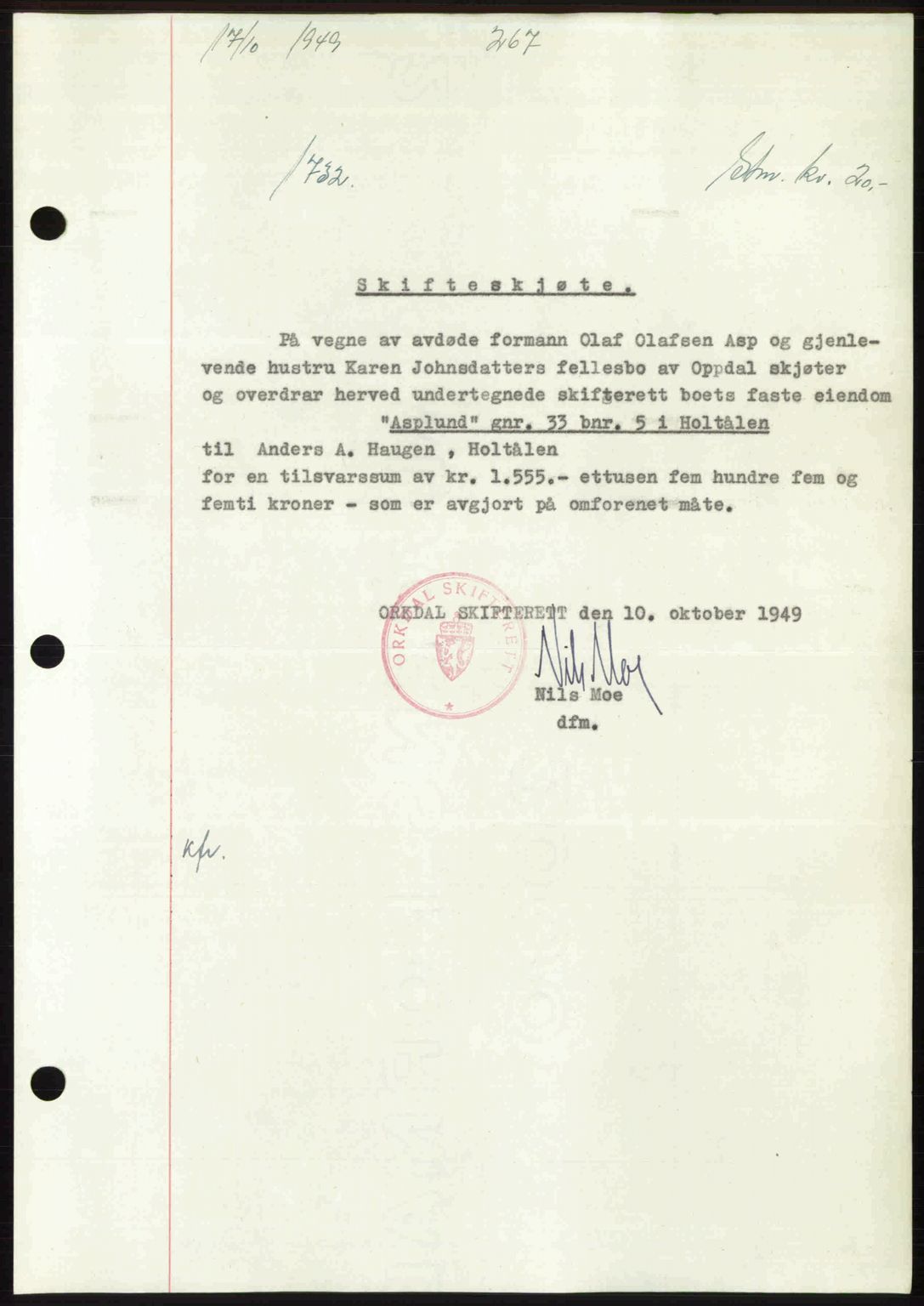 Gauldal sorenskriveri, SAT/A-0014/1/2/2C: Pantebok nr. A8, 1949-1949, Dagboknr: 1732/1949