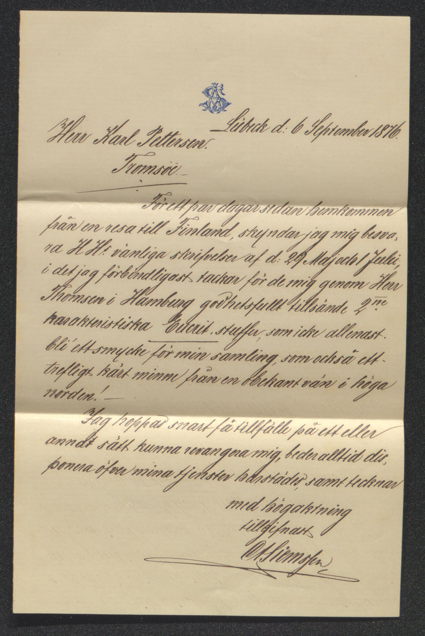 Tromsø Museum, AV/SATØ-S-0162/D/Db/L0032: Journalsaker og innkomne brev, 1872-1878, s. 411