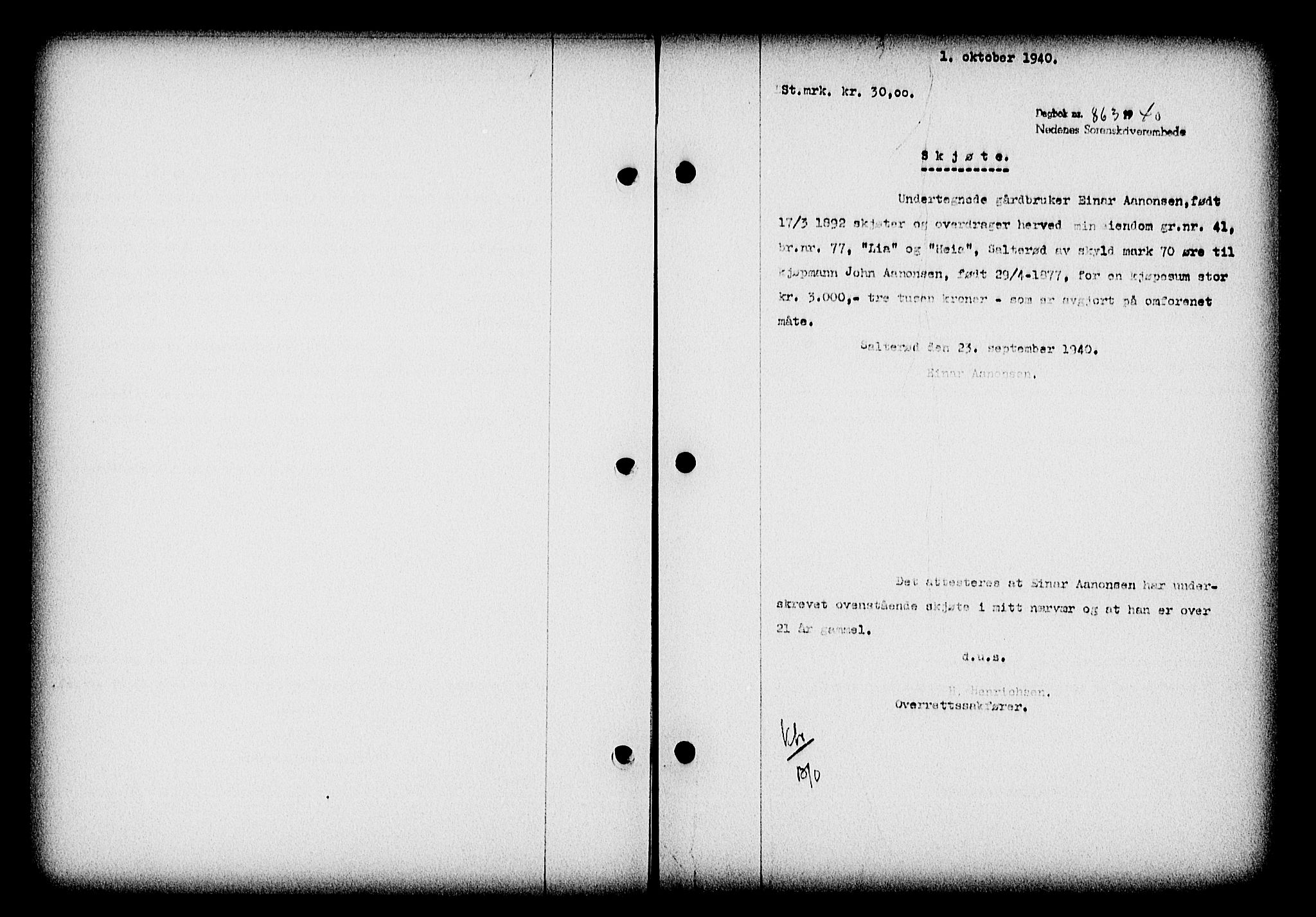 Nedenes sorenskriveri, SAK/1221-0006/G/Gb/Gba/L0047: Pantebok nr. A-I, 1939-1940, Dagboknr: 863/1940