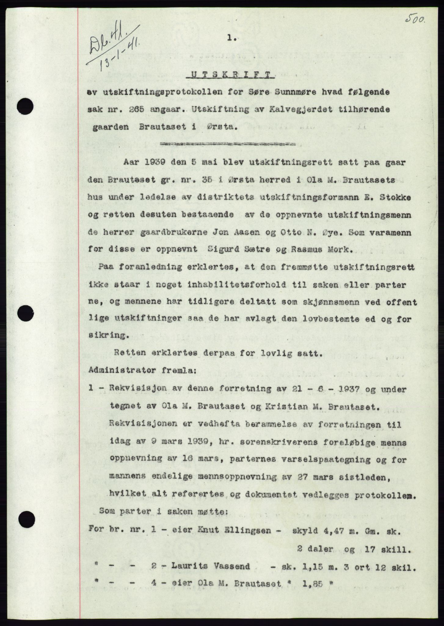 Søre Sunnmøre sorenskriveri, SAT/A-4122/1/2/2C/L0070: Pantebok nr. 64, 1940-1941, Dagboknr: 41/1941