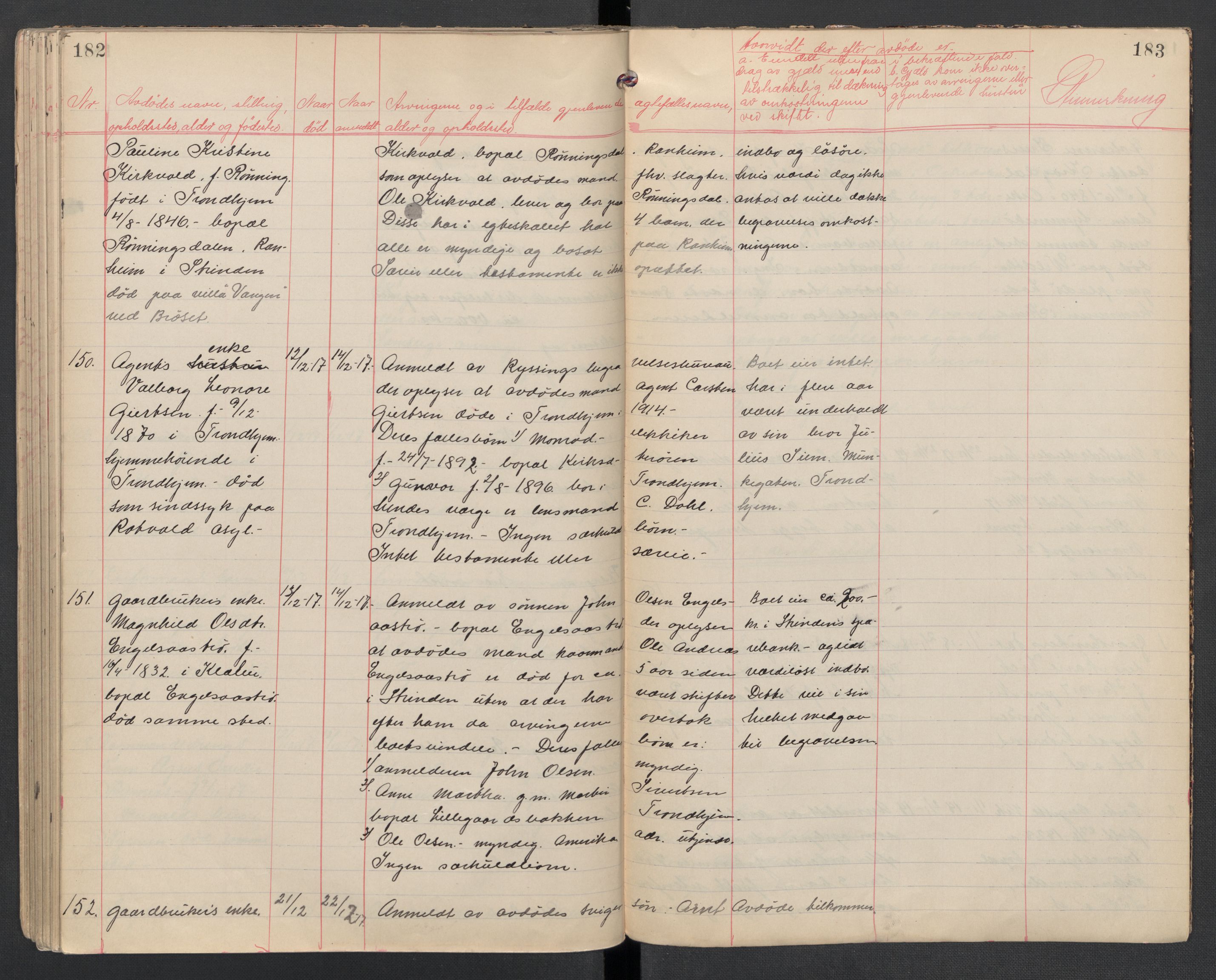 Strinda lensmannskontor, AV/SAT-A-1083/1/02/L0002: 2.01.02 Dødsfallsprotokoll, 1915-1918, s. 182-183