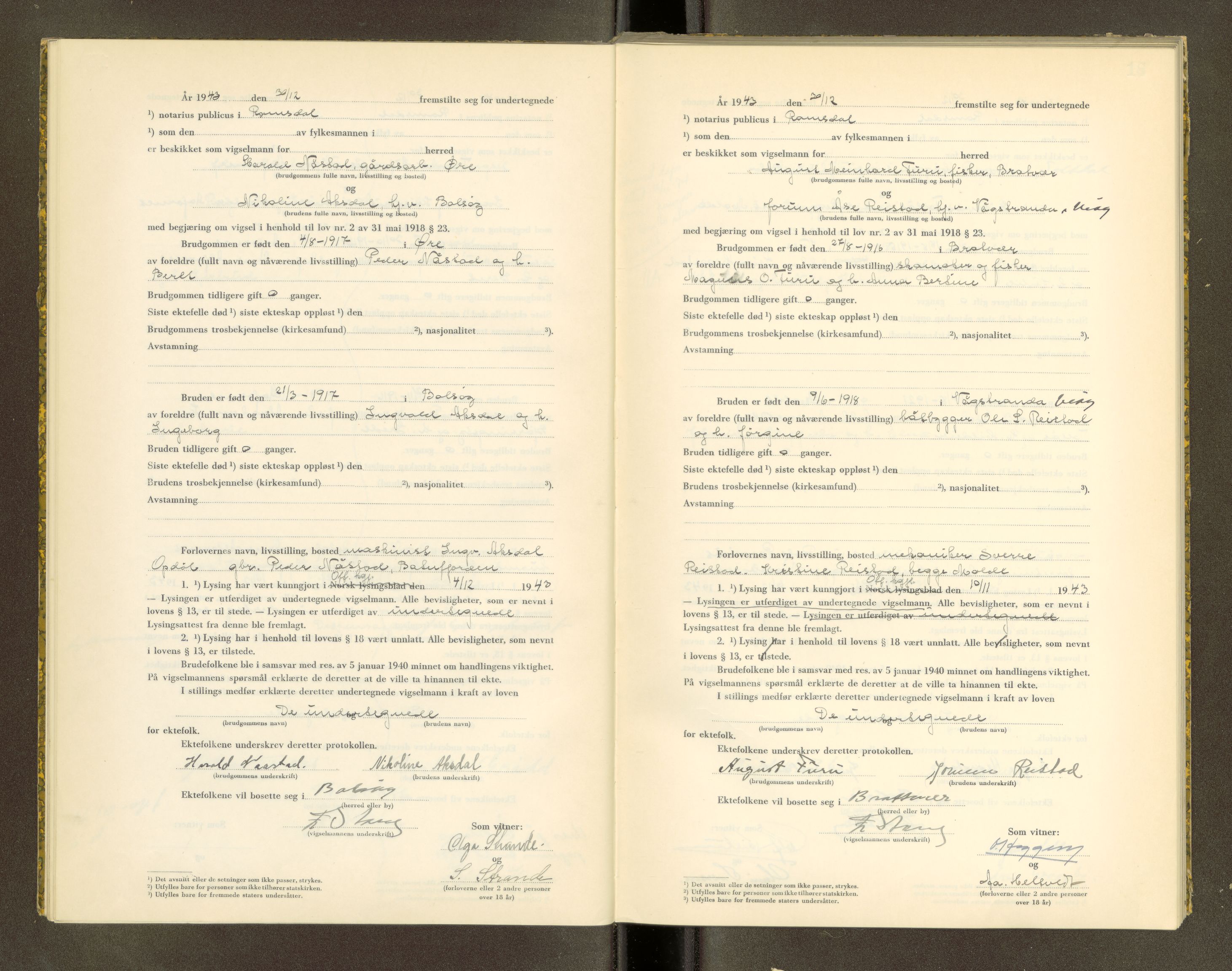 Romsdal sorenskriveri, AV/SAT-A-4149/1/6/6D/L0007: Vigselbok, 1943-1944