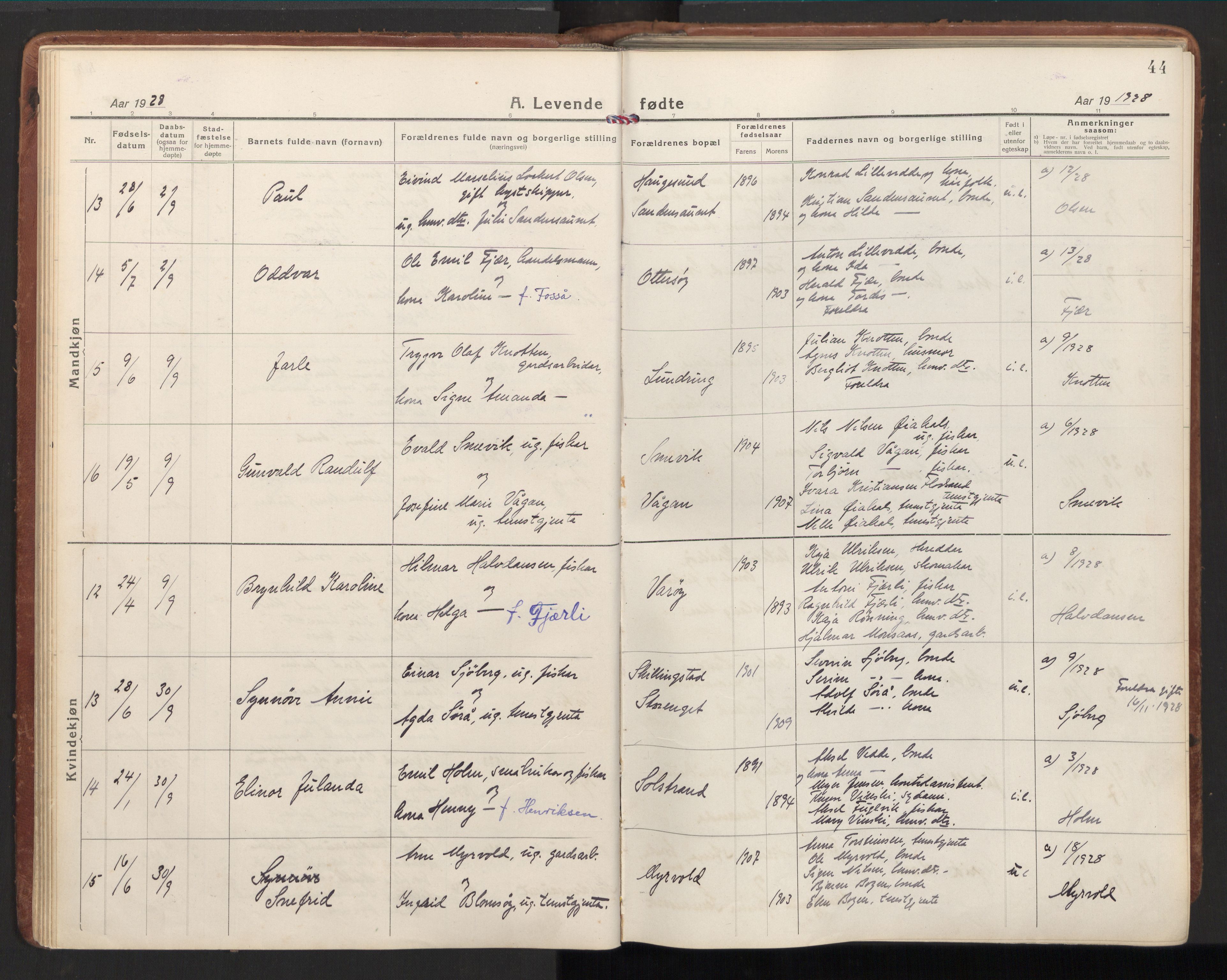 Ministerialprotokoller, klokkerbøker og fødselsregistre - Nord-Trøndelag, AV/SAT-A-1458/784/L0678: Ministerialbok nr. 784A13, 1921-1938, s. 44