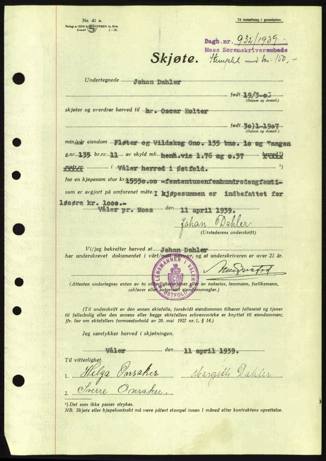 Moss sorenskriveri, SAO/A-10168: Pantebok nr. A5, 1938-1939, Dagboknr: 932/1939