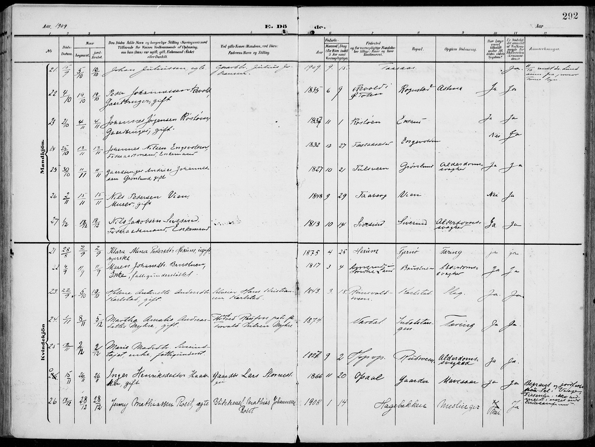 Vestre Toten prestekontor, AV/SAH-PREST-108/H/Ha/Haa/L0014: Ministerialbok nr. 14, 1907-1920, s. 292