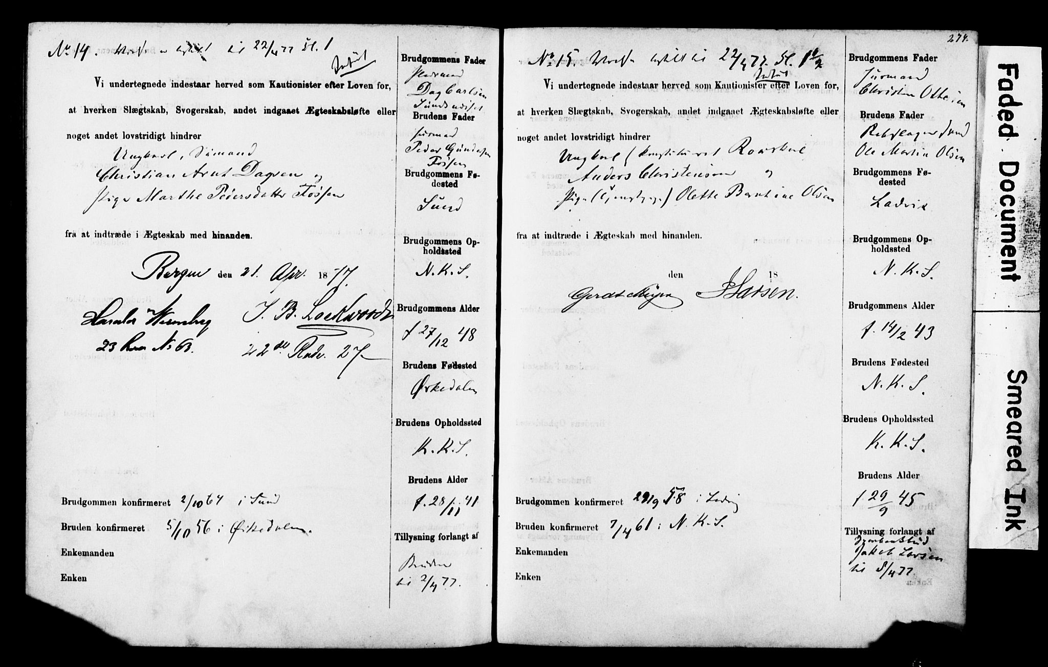 Korskirken sokneprestembete, SAB/A-76101: Forlovererklæringer nr. II.5.4, 1871-1878, s. 274