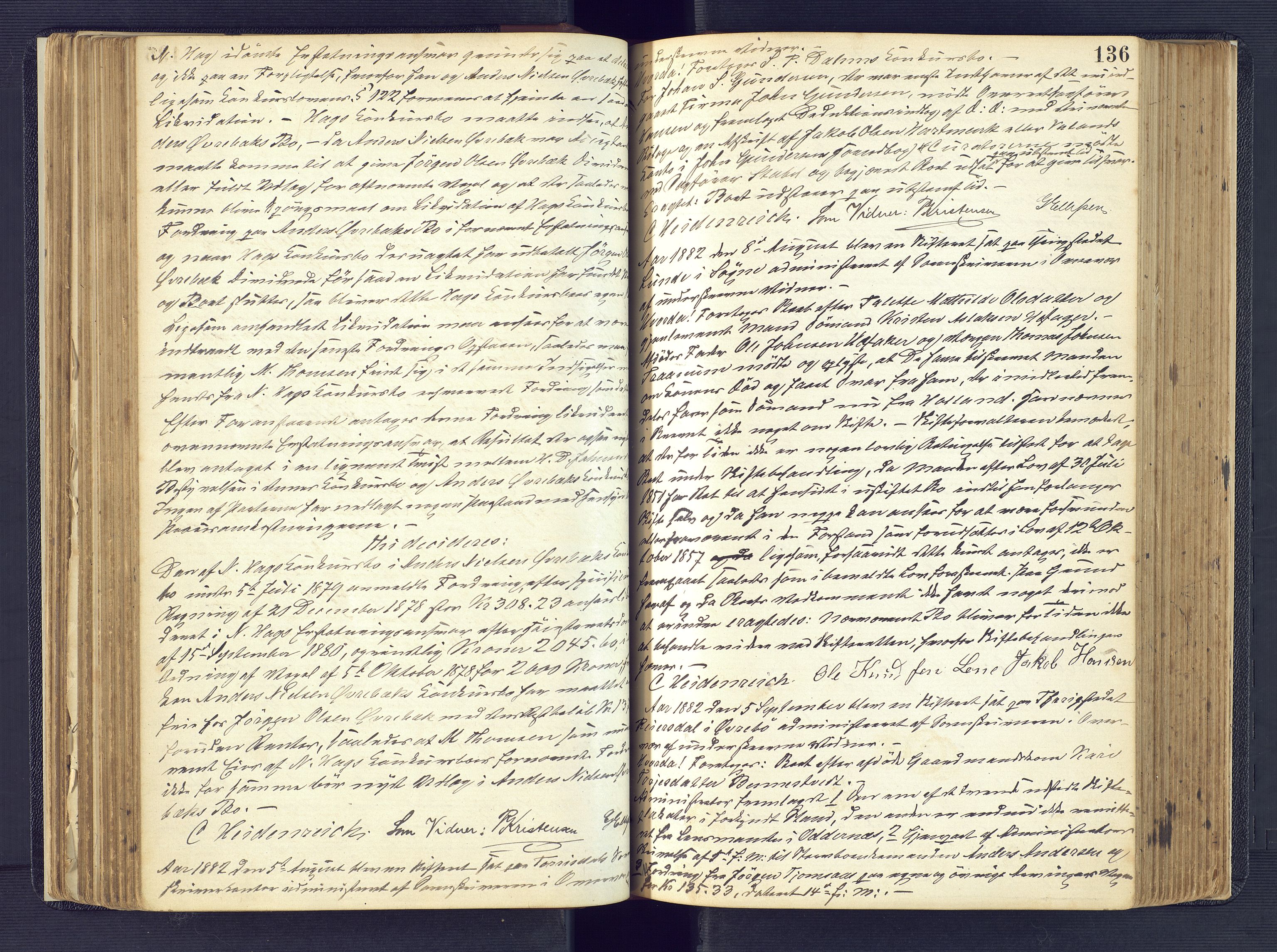 Torridal sorenskriveri, SAK/1221-0012/H/Hc/L0017: Skifteforhandlingsprotokoll med navneregister nr. 3, 1878-1890, s. 136
