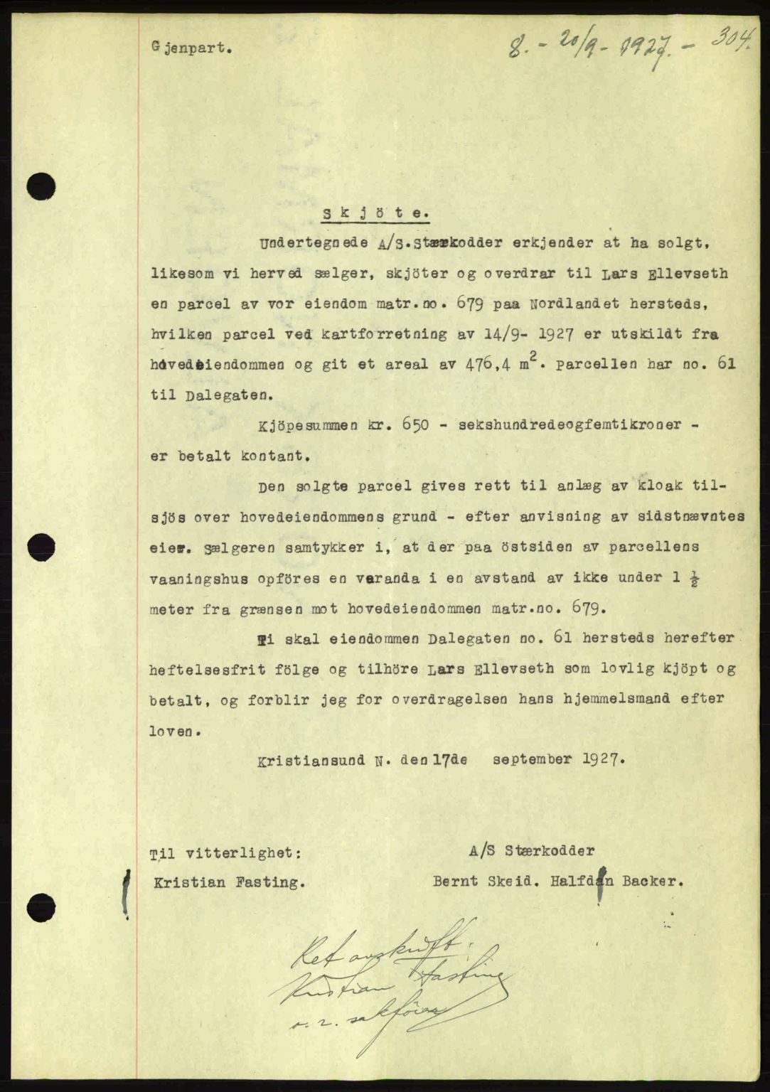 Kristiansund byfogd, AV/SAT-A-4587/A/27: Pantebok nr. 21, 1926-1928, Tingl.dato: 20.09.1927