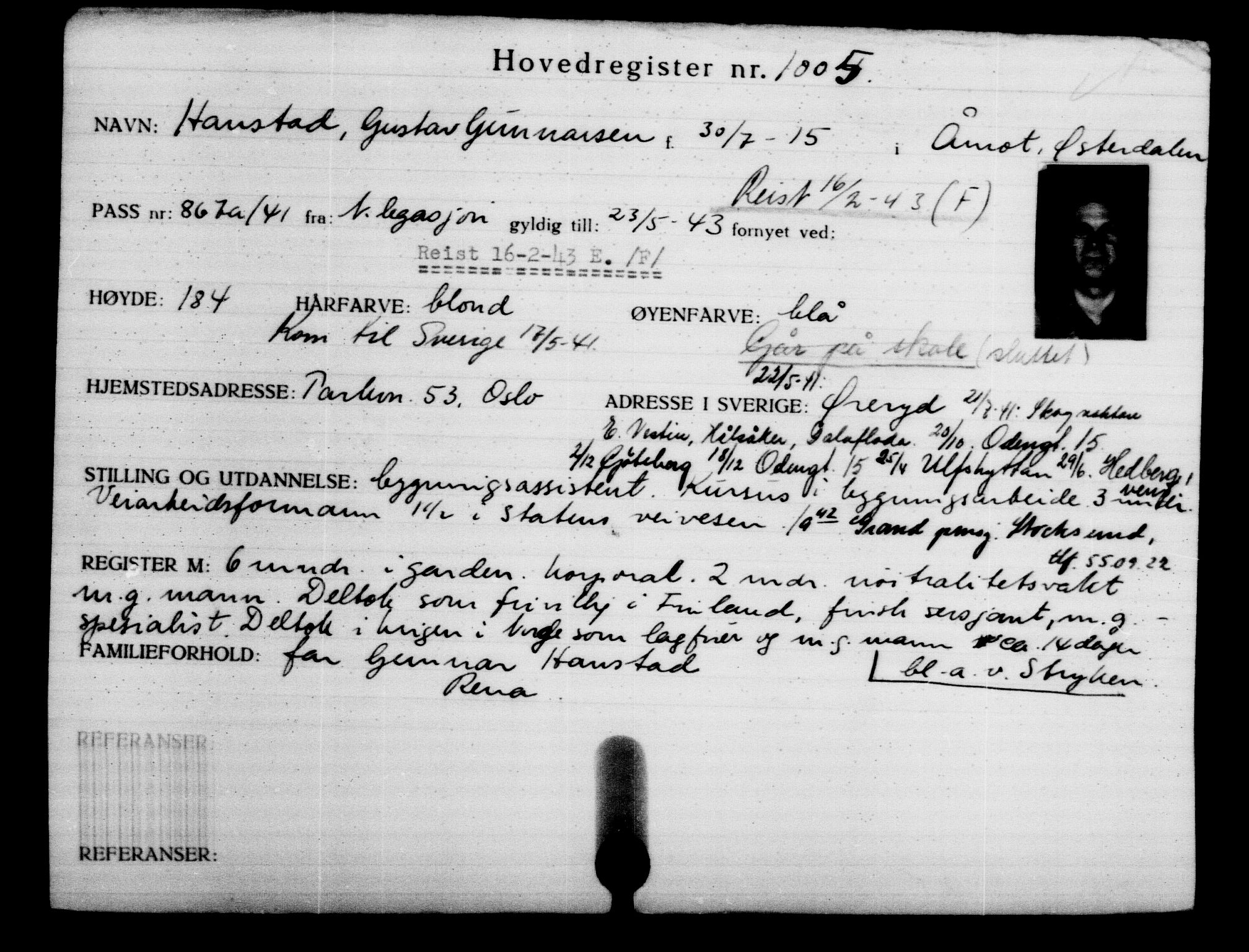 Utenriksstasjonene, Legasjonen i Stockholm, Flyktningkontoret, AV/RA-S-6753/V/Va/L0002: Kjesäterkartoteket, flyktninger med registreringsnr. 1001-2000, 1940-1945, s. 9