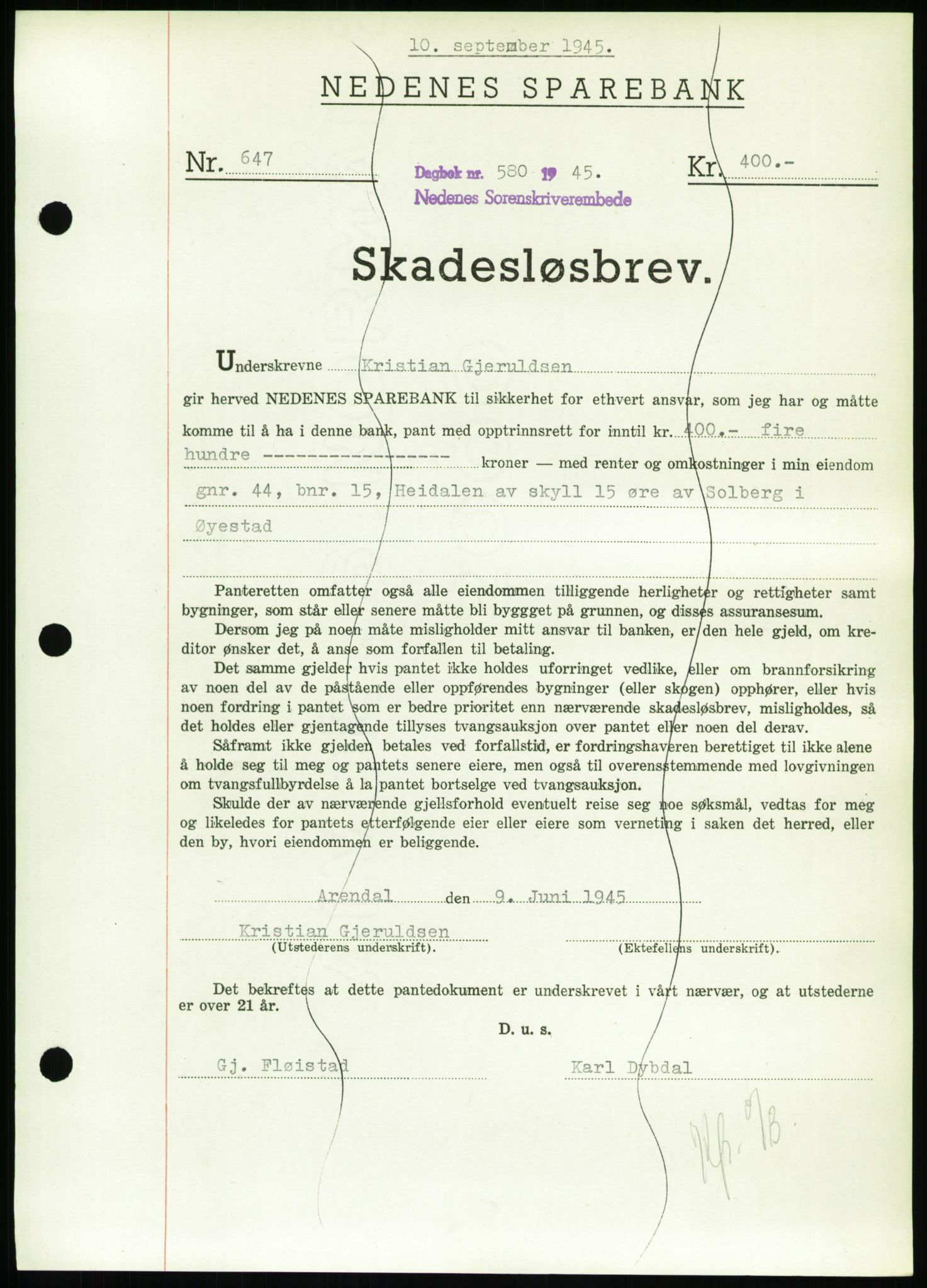 Nedenes sorenskriveri, SAK/1221-0006/G/Gb/Gbb/L0002: Pantebok nr. II, 1942-1945, Dagboknr: 580/1945