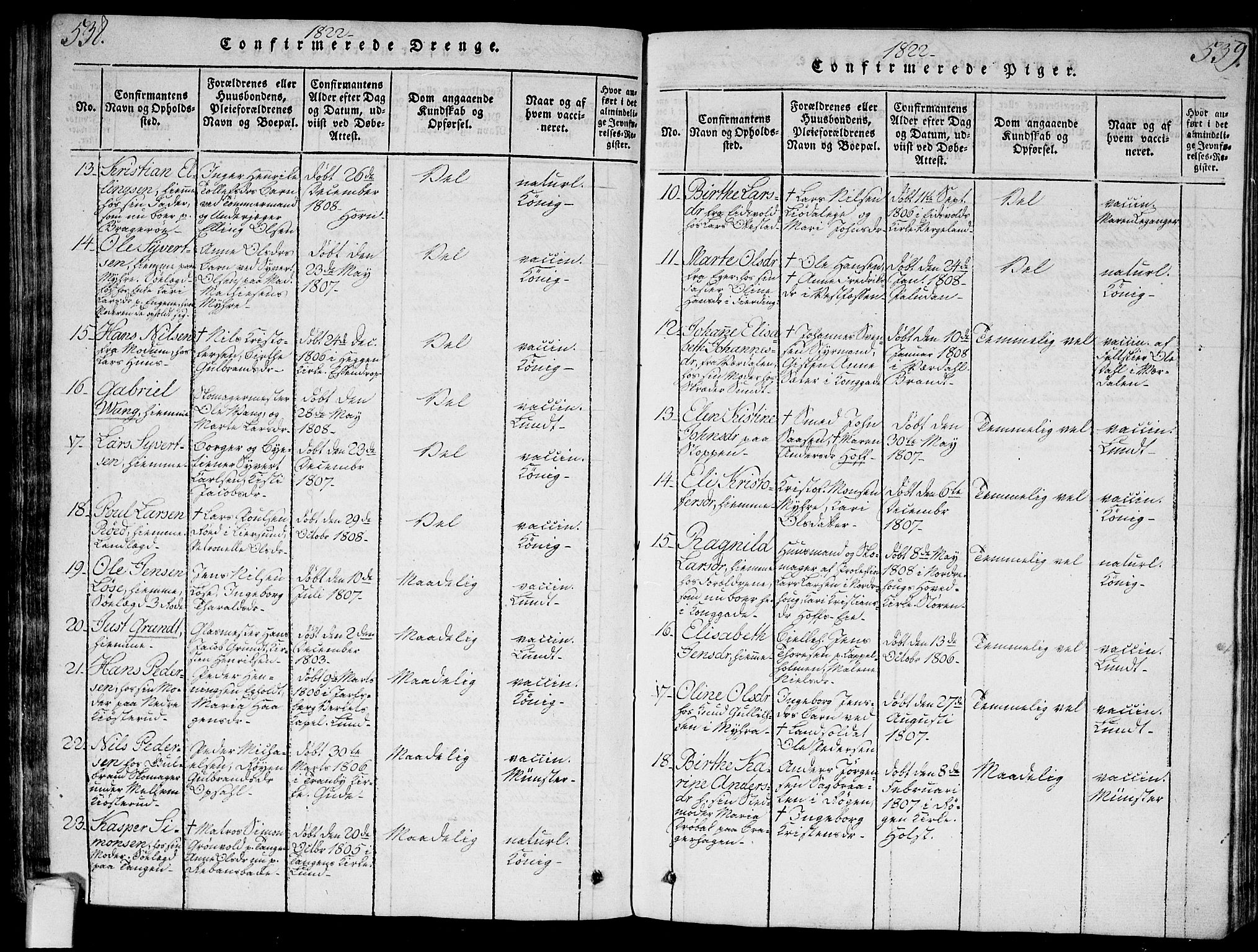 Bragernes kirkebøker, AV/SAKO-A-6/G/Ga/L0001: Klokkerbok nr. 1, 1815-1829, s. 538-539