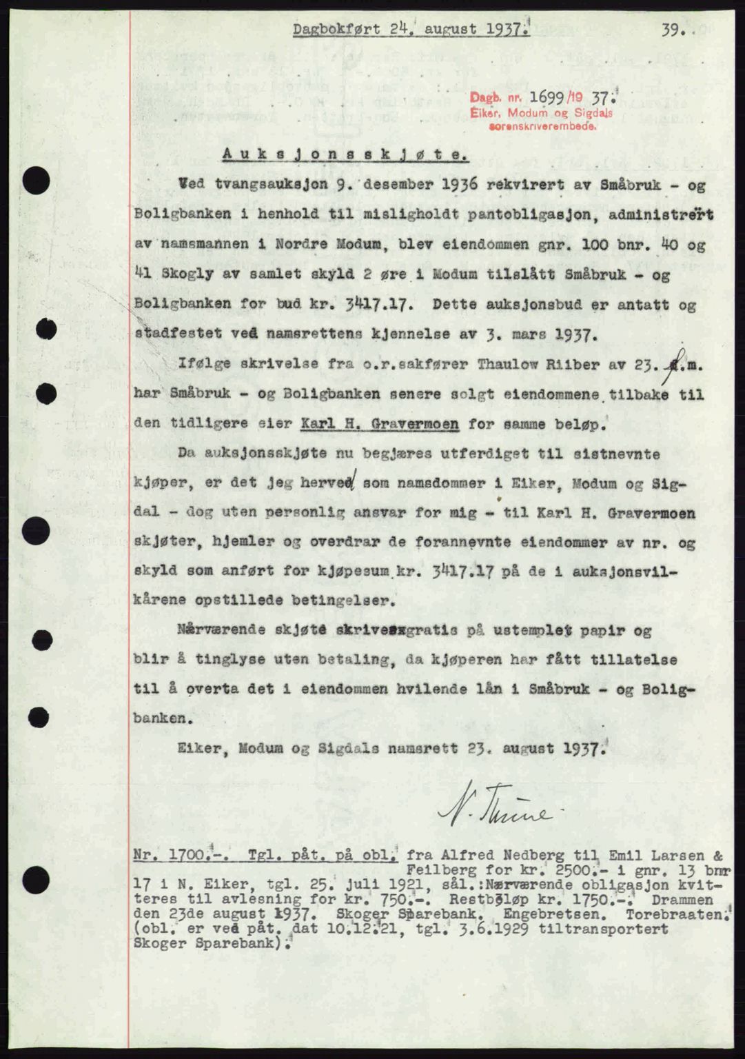Eiker, Modum og Sigdal sorenskriveri, SAKO/A-123/G/Ga/Gab/L0036: Pantebok nr. A6, 1937-1937, Dagboknr: 1699/1937