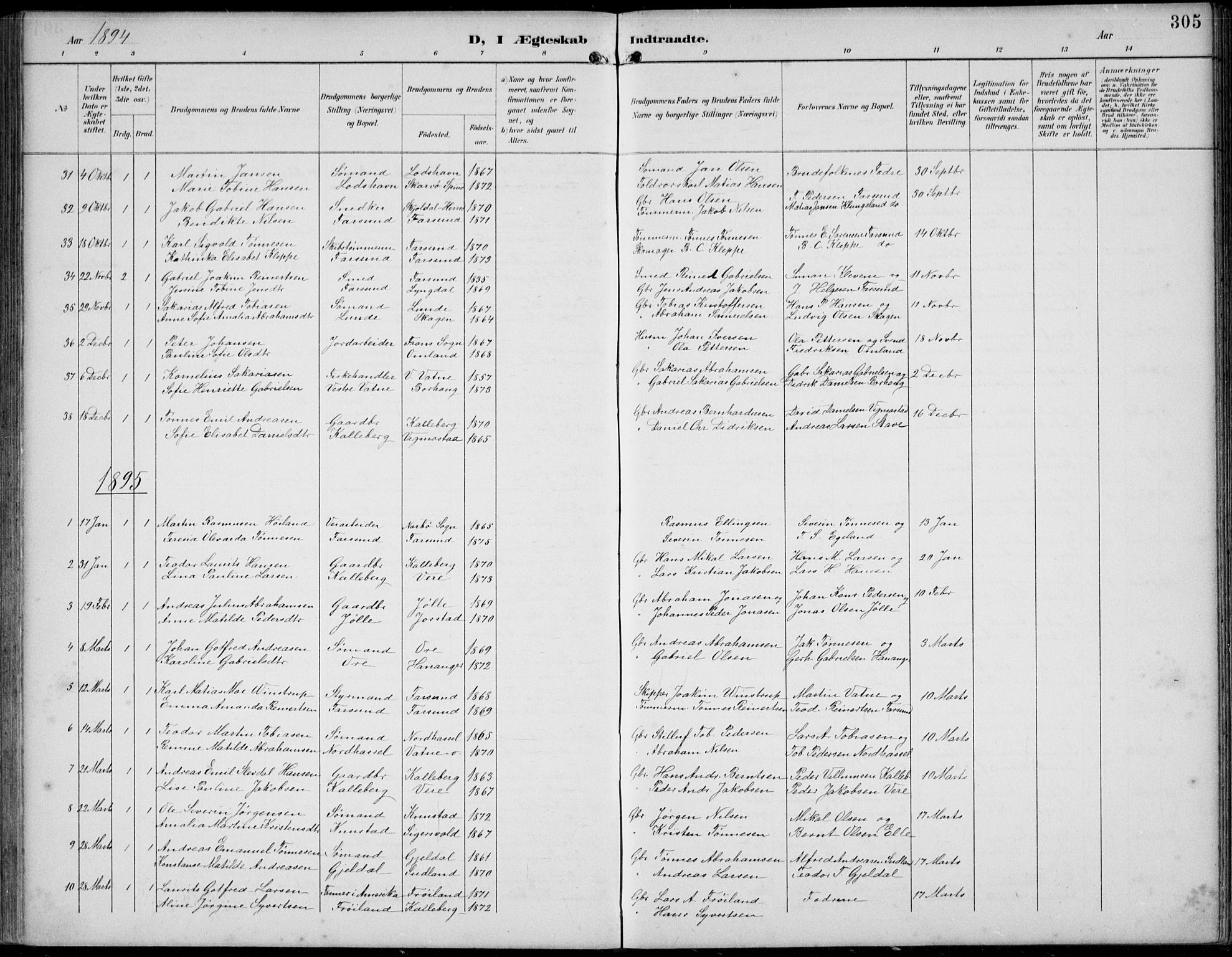 Lista sokneprestkontor, SAK/1111-0027/F/Fb/L0005: Klokkerbok nr. B 5, 1892-1923, s. 305