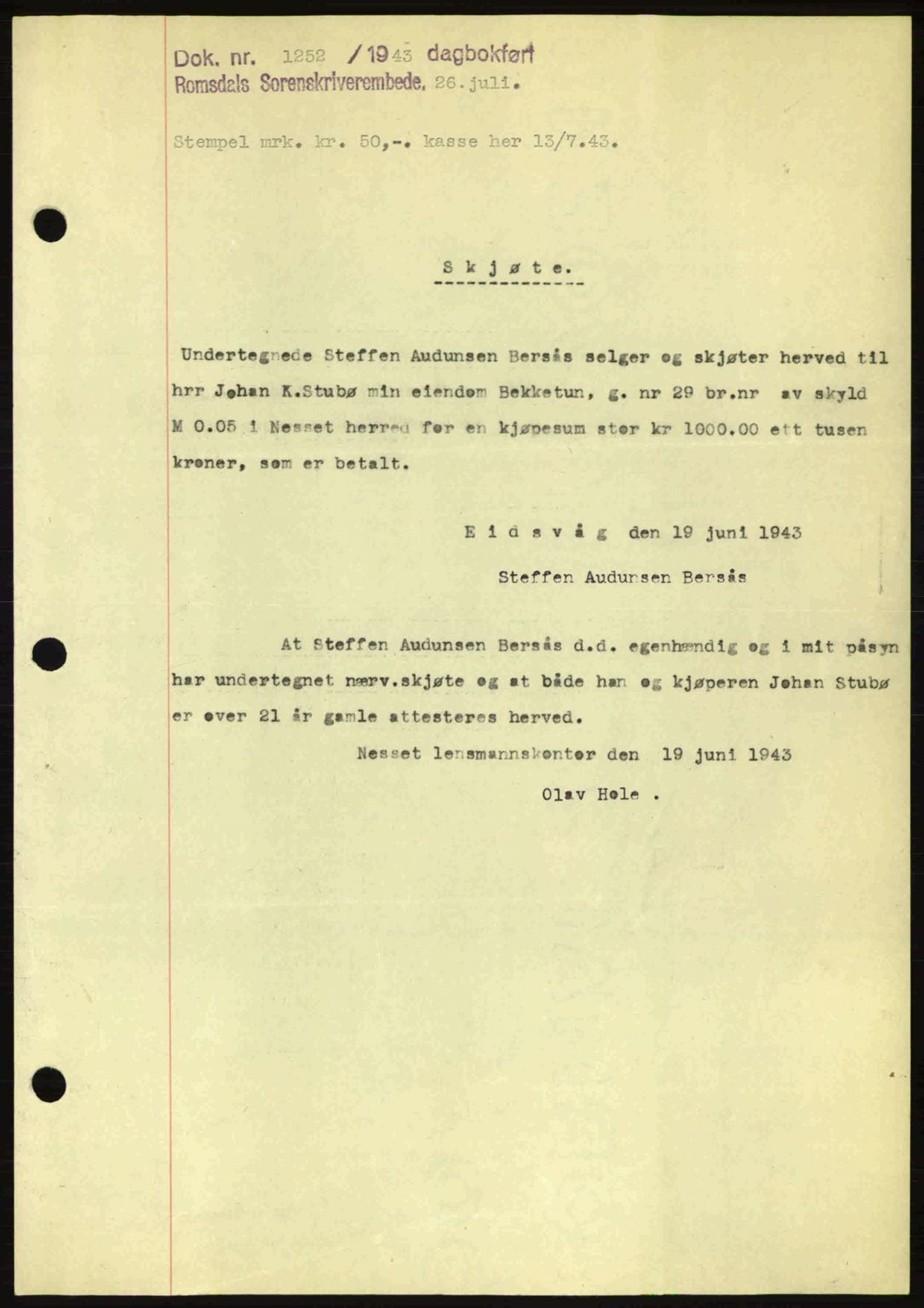 Romsdal sorenskriveri, AV/SAT-A-4149/1/2/2C: Pantebok nr. A14, 1943-1943, Dagboknr: 1252/1943