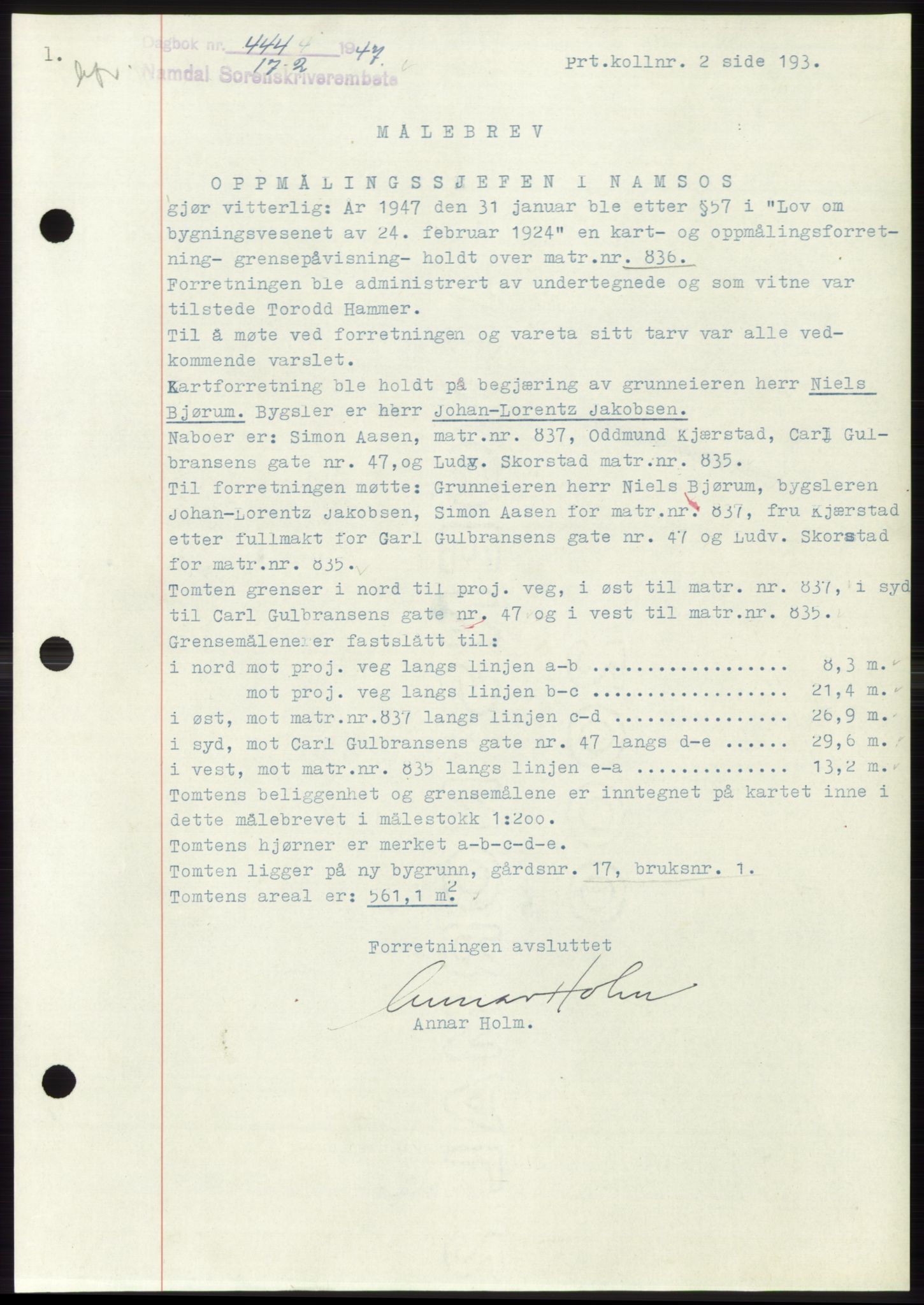 Namdal sorenskriveri, SAT/A-4133/1/2/2C: Pantebok nr. -, 1946-1947, Dagboknr: 444/1947
