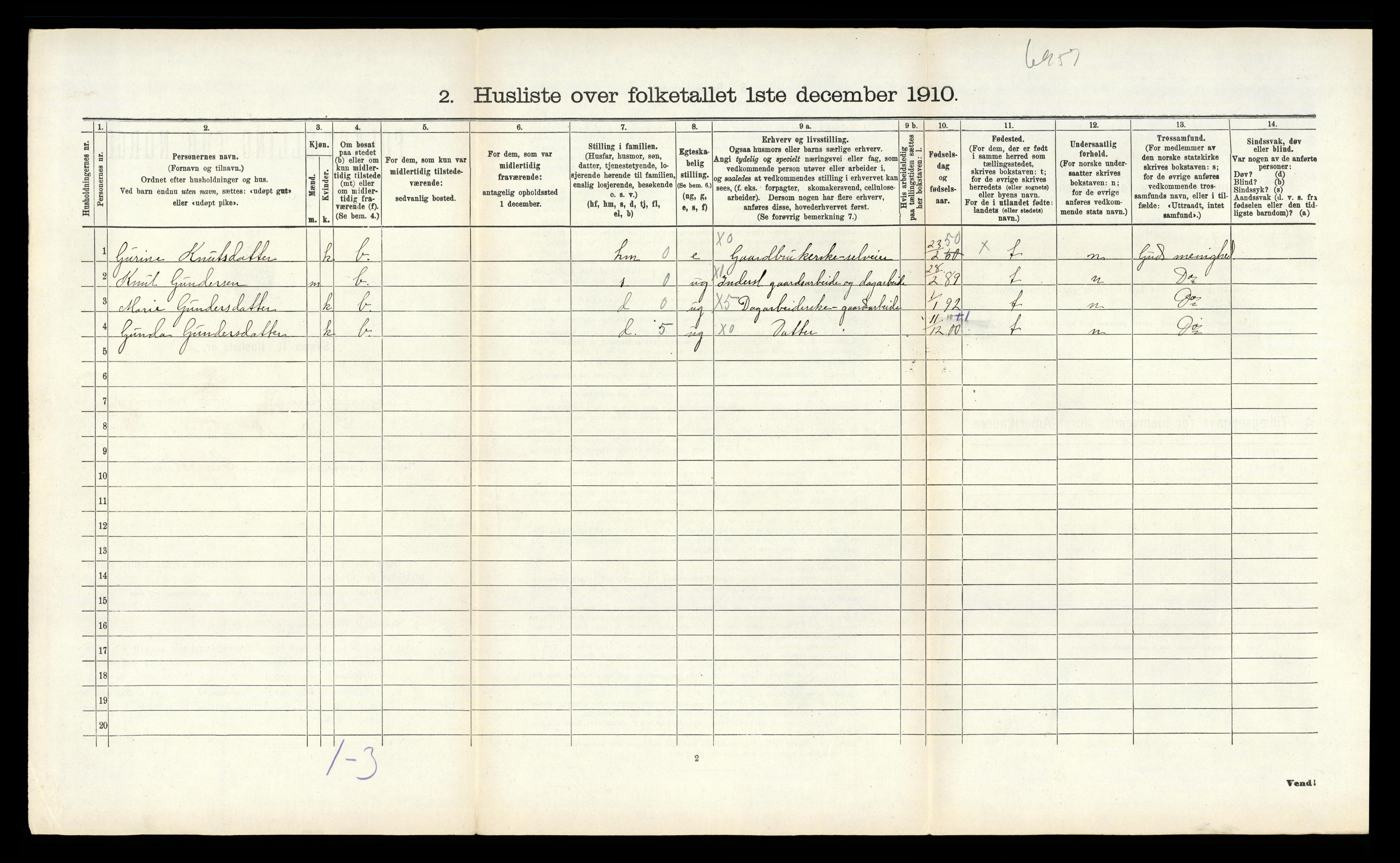 RA, Folketelling 1910 for 0912 Vegårshei herred, 1910, s. 157