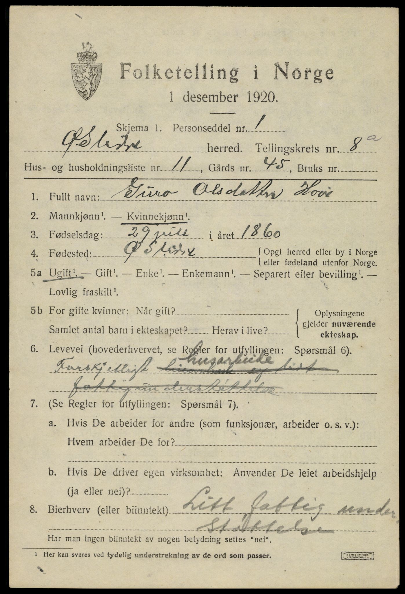 SAH, Folketelling 1920 for 0544 Øystre Slidre herred, 1920, s. 4919