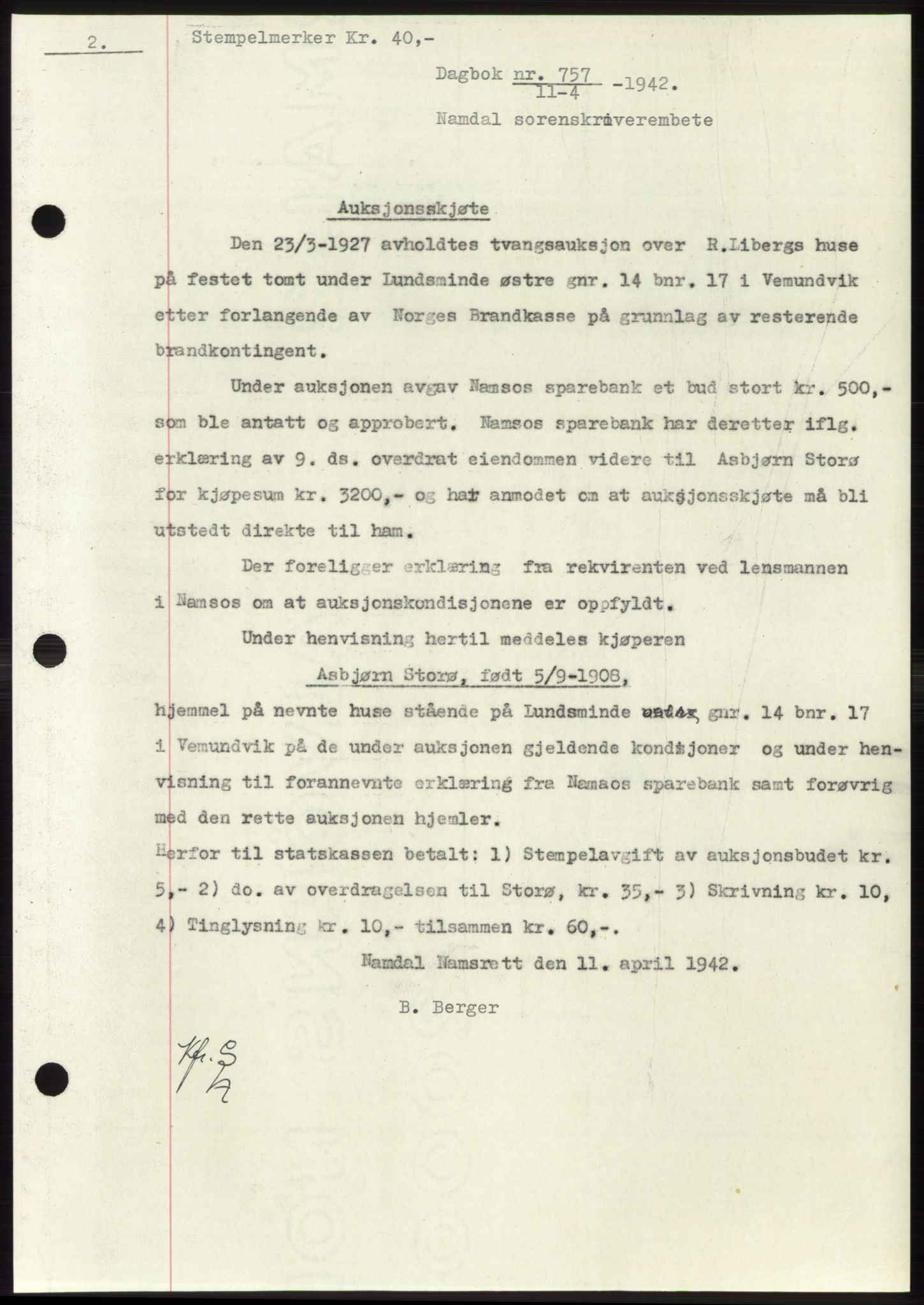 Namdal sorenskriveri, SAT/A-4133/1/2/2C: Pantebok nr. -, 1941-1942, Dagboknr: 757/1942