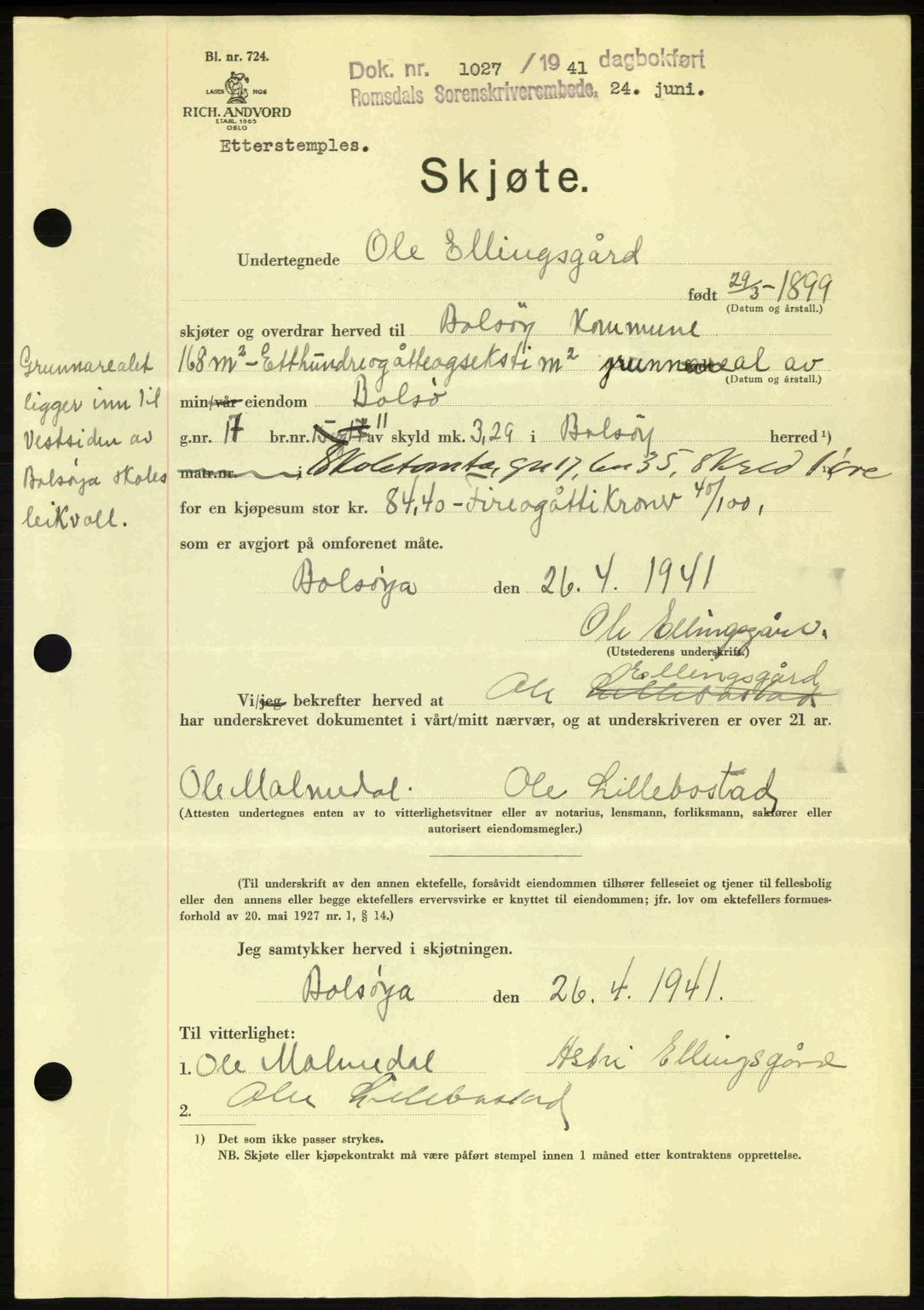 Romsdal sorenskriveri, AV/SAT-A-4149/1/2/2C: Pantebok nr. A10, 1941-1941, Dagboknr: 1027/1941