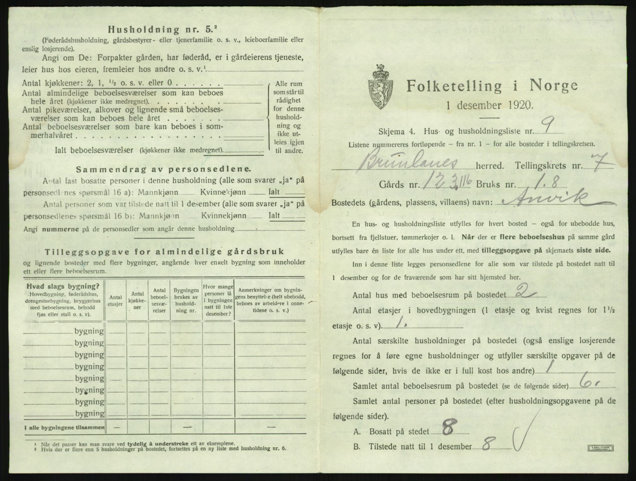 SAKO, Folketelling 1920 for 0726 Brunlanes herred, 1920, s. 939