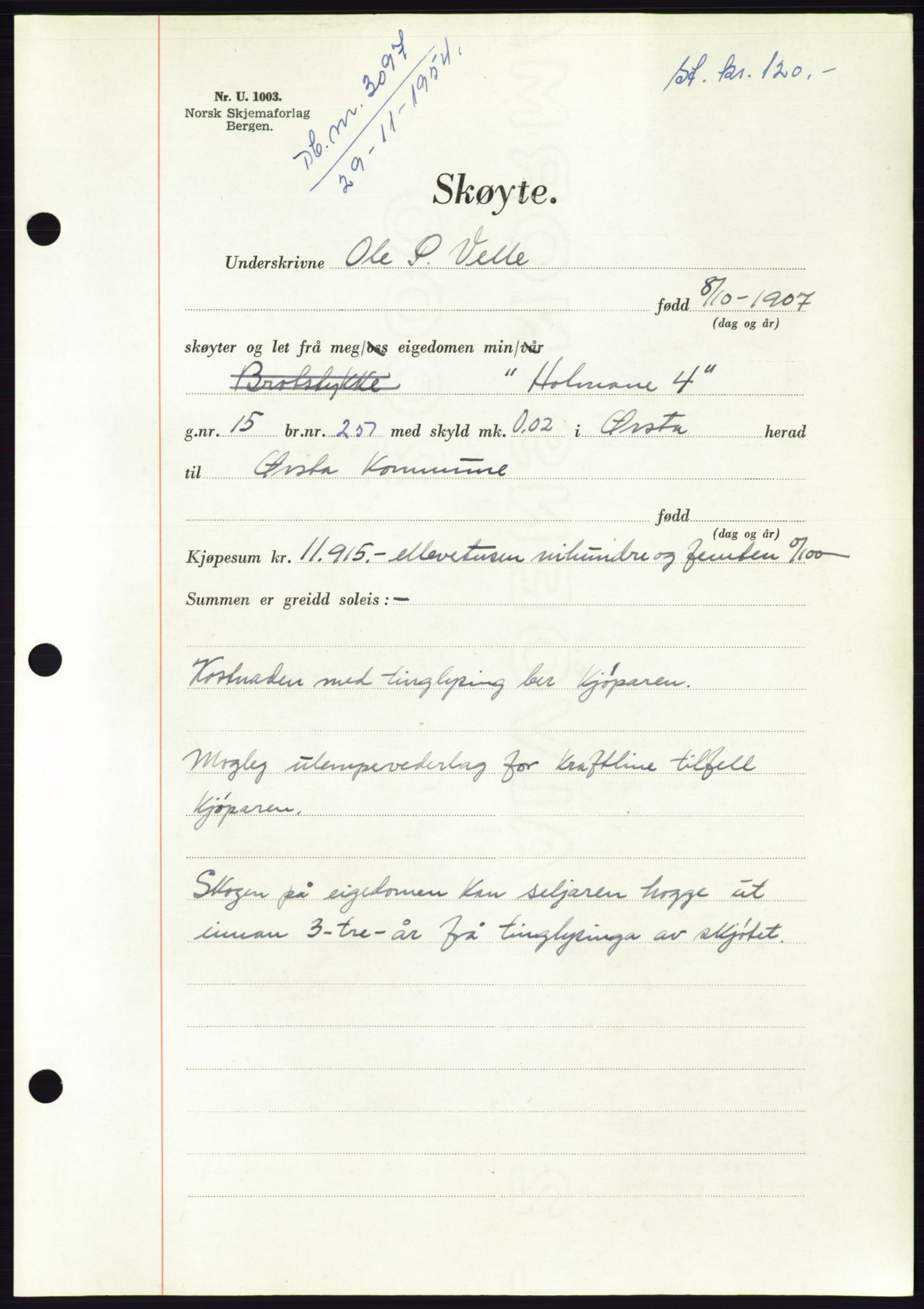 Søre Sunnmøre sorenskriveri, AV/SAT-A-4122/1/2/2C/L0099: Pantebok nr. 25A, 1954-1954, Dagboknr: 3097/1954