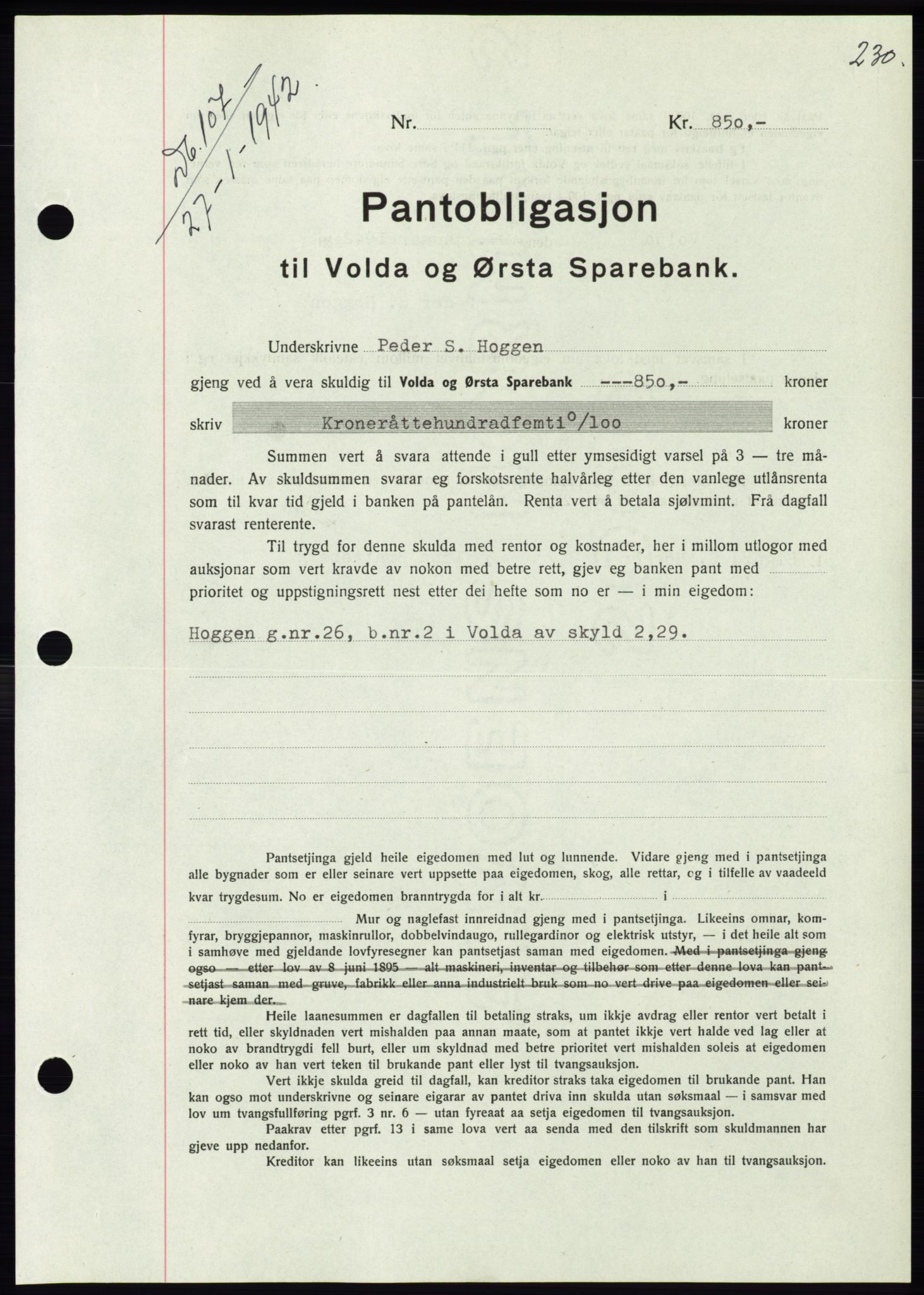 Søre Sunnmøre sorenskriveri, SAT/A-4122/1/2/2C/L0073: Pantebok nr. 67, 1941-1942, Dagboknr: 107/1942